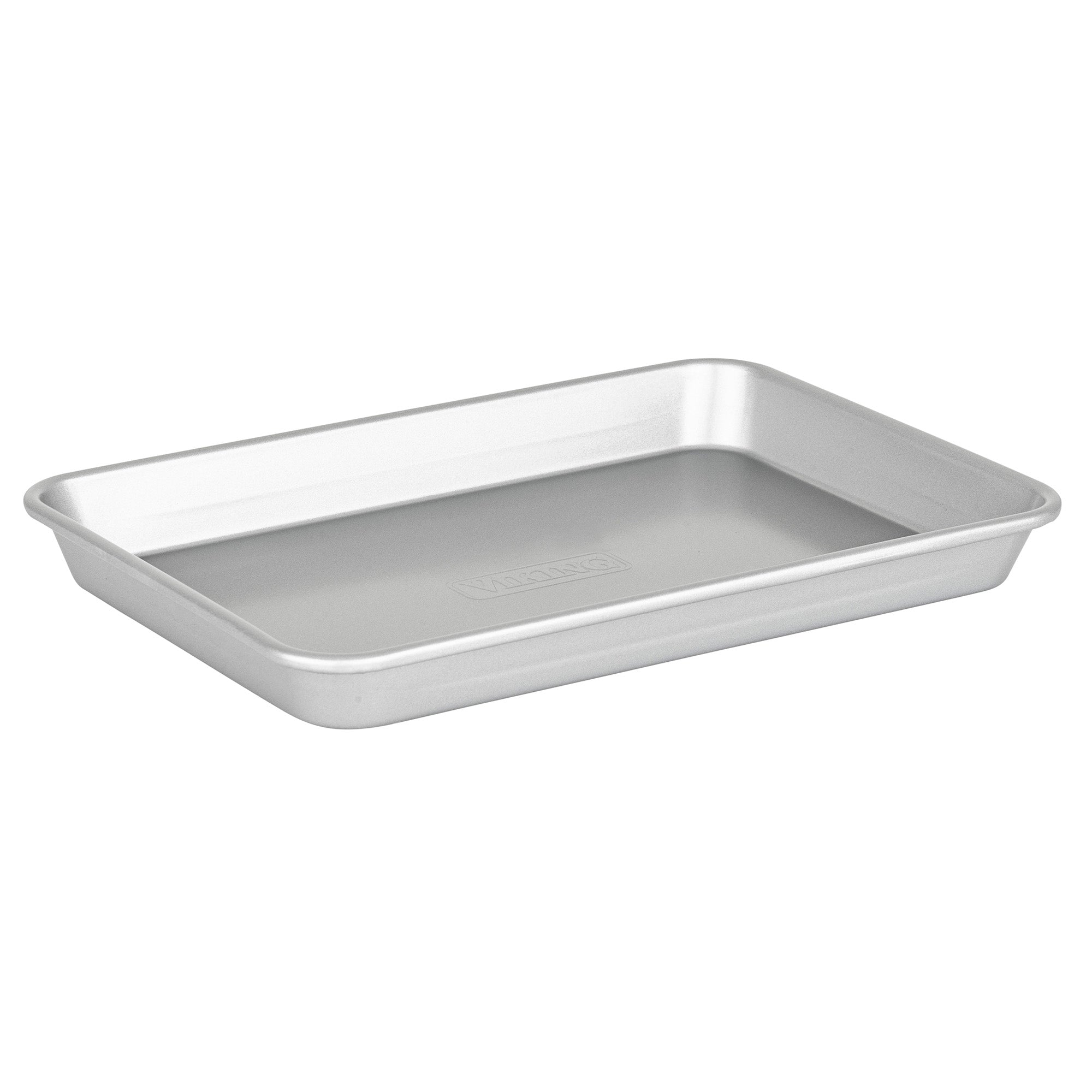 A rectangular silver Viking Culinary Aluminized Steel Nonstick Baking Sheet from the 3-pc Nesting Set is shown on a white background, featuring slightly rounded corners and raised edges.