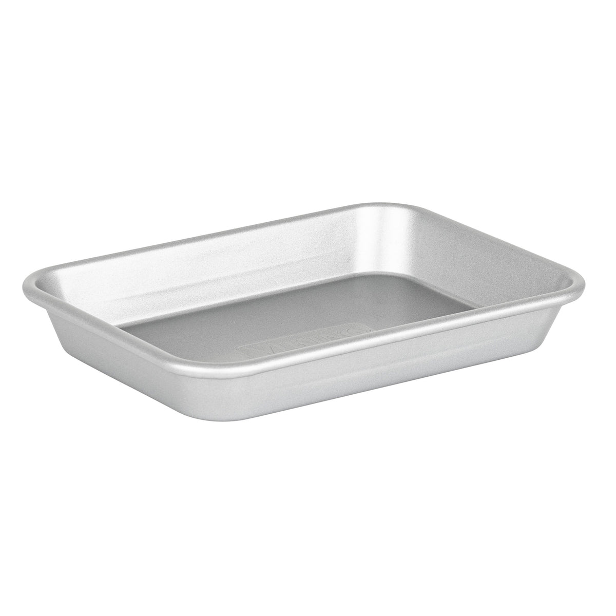 A silver-colored rectangular Viking Aluminized Steel Nonstick Baking Sheet from the 3-pc Nesting Set by Viking Culinary Products, featuring slightly rounded corners and straight sides, is shown on a white background.