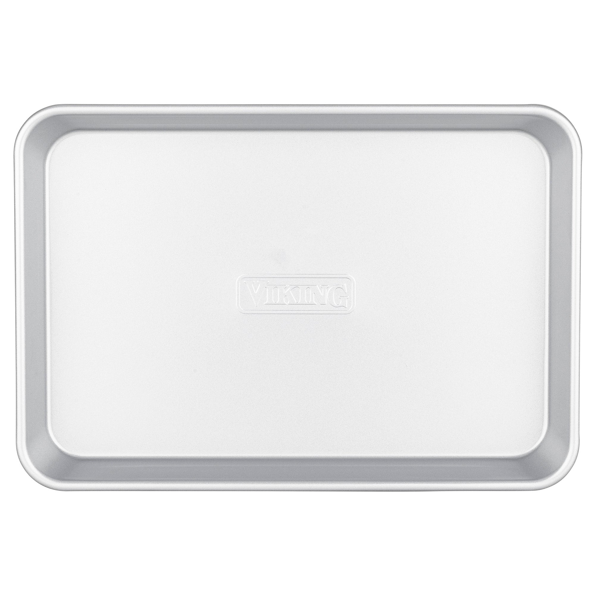 The Viking Aluminized Steel Nonstick 3-pc Nesting Baking Sheet Set from Viking Culinary Products features rectangular silver metal sheets with raised edges and the brand name embossed in the center; ideal for versatile baking needs.