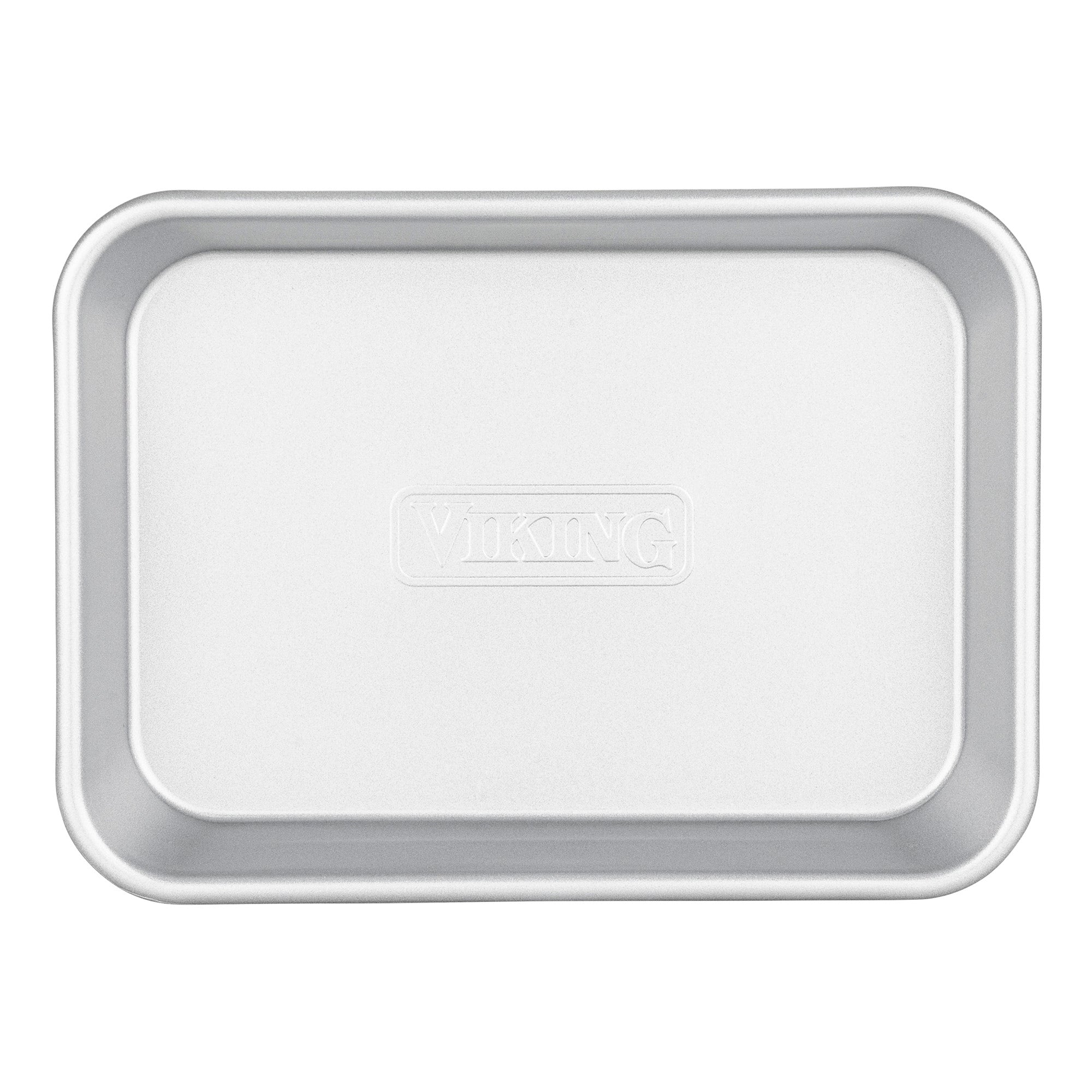 The Viking Aluminized Steel Nonstick 3-pc Nesting Baking Sheet Set by Viking Culinary Products includes a rectangular silver pan with rounded corners, smooth edges, a plain metallic finish, and "VIKING" embossed at the center.