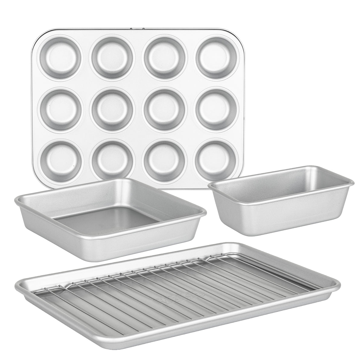 The Viking Aluminized Steel Nonstick 5-pc Bakeware Set by Viking Culinary Products includes a 12-cup muffin pan, rectangular loaf pan, square cake pan, baking sheet, and cooling rack—all cleanly arranged on a white background.