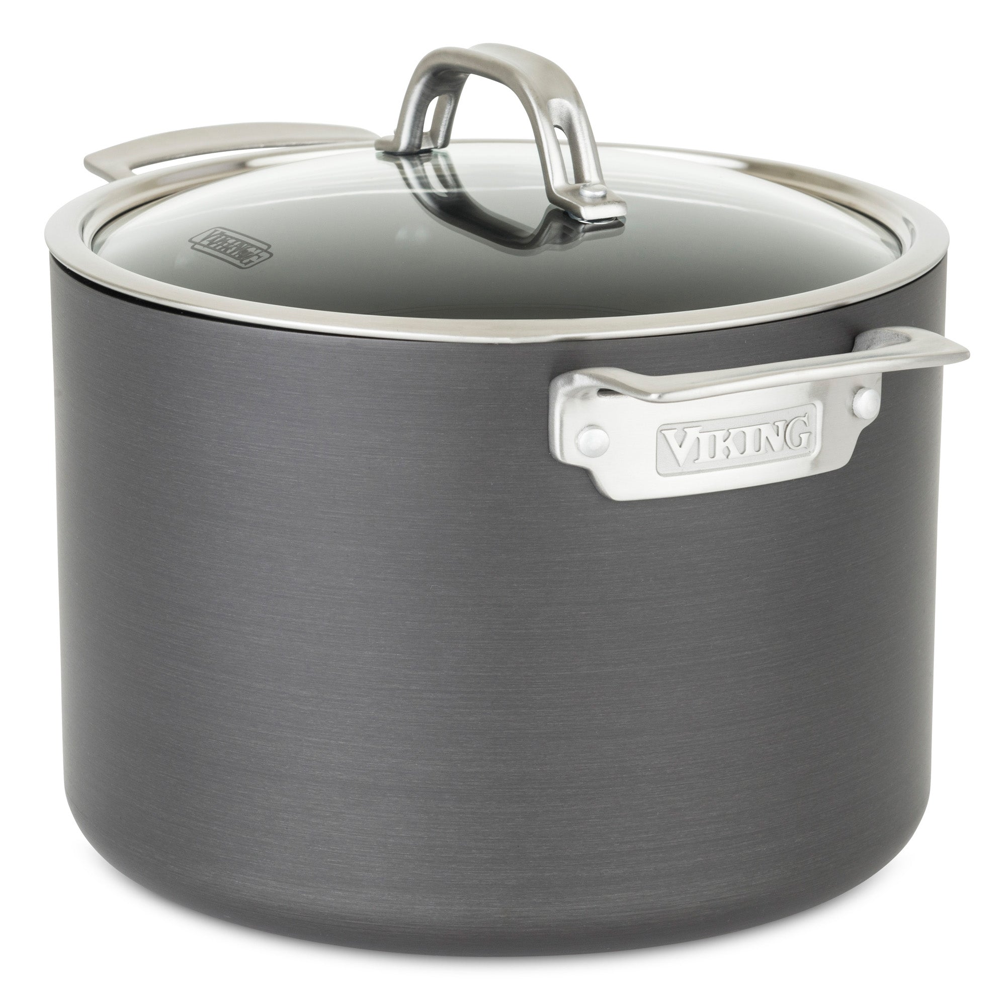 The Viking Hard Anodized Nonstick 15-Piece Cookware Set by Viking Culinary Products includes durable, induction-ready pots with modern brushed finishes and stylish glass lids, perfect for those seeking quality nonstick cookware.