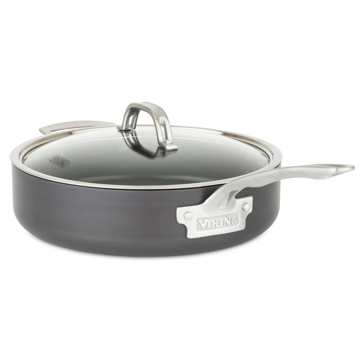 The Viking Hard Anodized Nonstick 15-Piece Cookware Set with Glass Lids by Viking Culinary Products includes induction-ready pans with silver handles, perfect for any kitchen. Shown is a large, round, dark gray sauté pan on a white background.