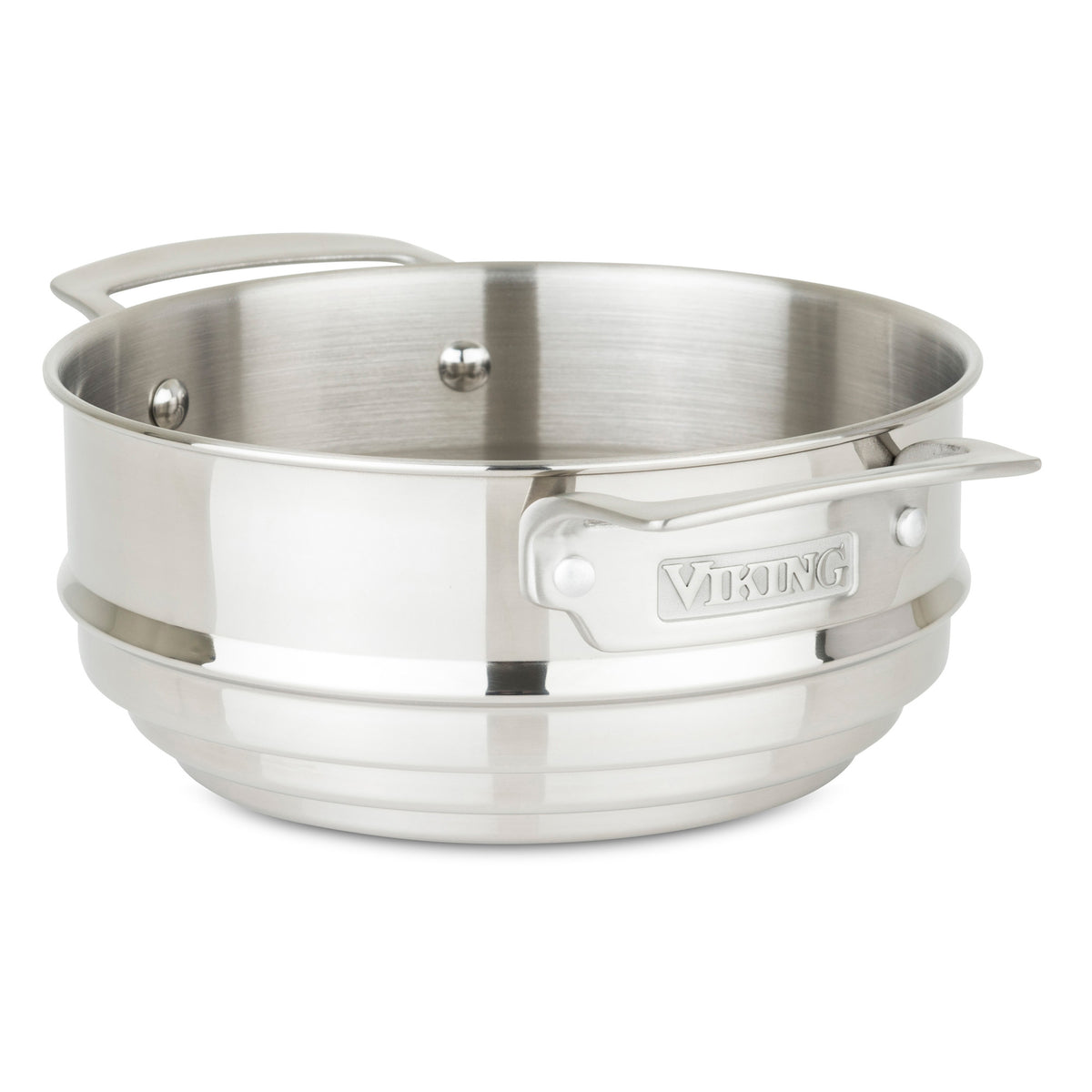 A steamer insert with handles from Viking Culinary Products, designed to fit the Viking Hard Anodized Nonstick 15-Piece Cookware Set with Glass Lids, ideal for steaming food inside induction-capable pots.