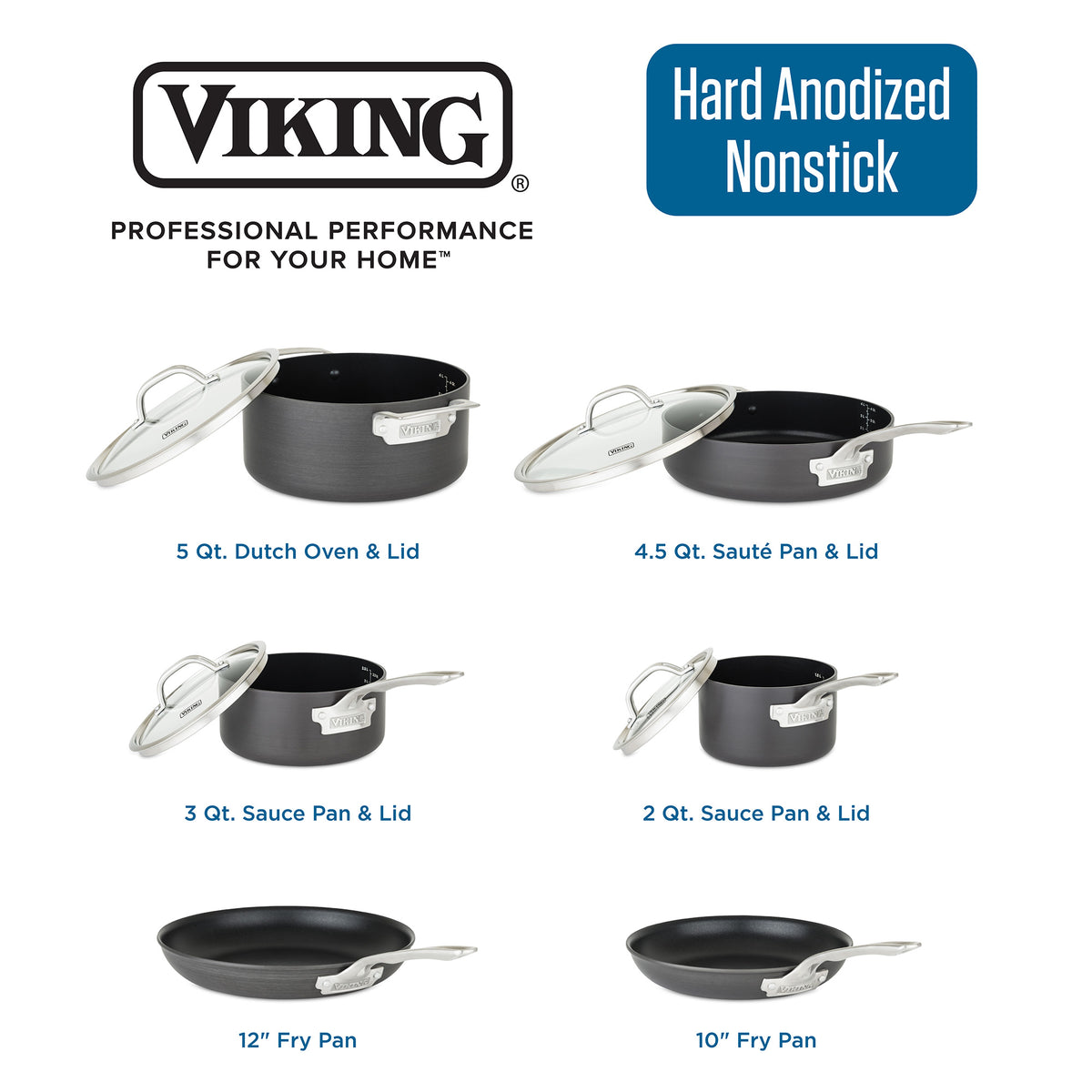 The Viking Hard Anodized Nonstick 10-Piece Cookware Set by Viking Culinary Products features black nonstick pans and glass lids with stainless steel handles for lasting durability. Includes fry pans, Dutch oven, sauté and sauce pans.