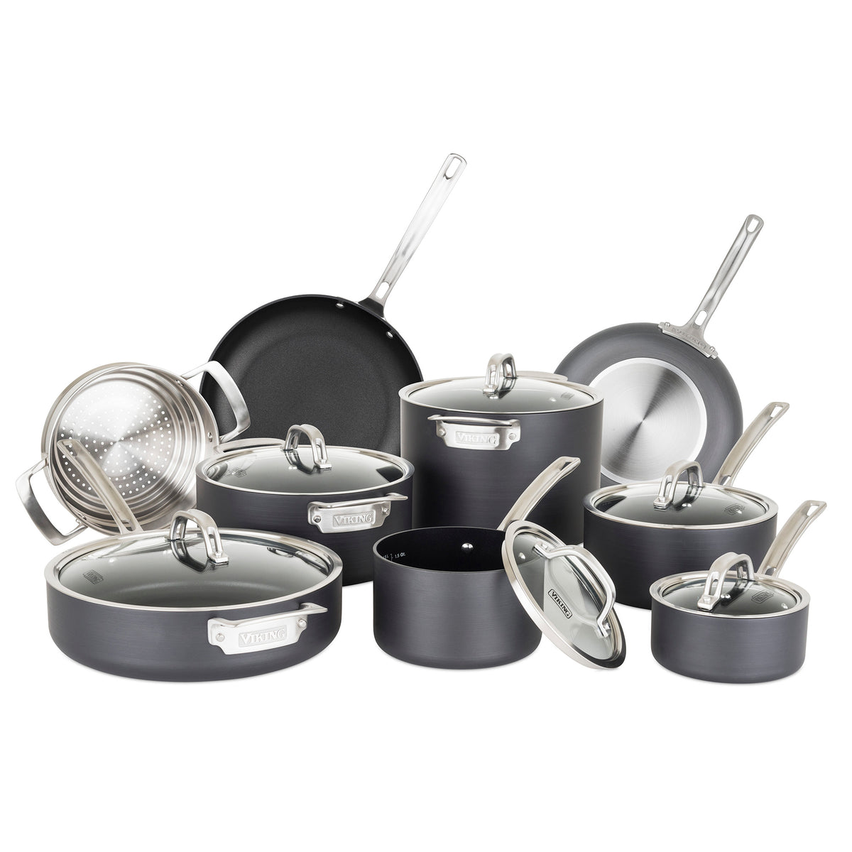 The Viking Culinary Products Hard Anodized Nonstick 15-Piece Cookware Set features induction-ready pots, pans, saucepans, a strainer insert, stainless steel handles, and glass lids, all displayed elegantly on a white background.