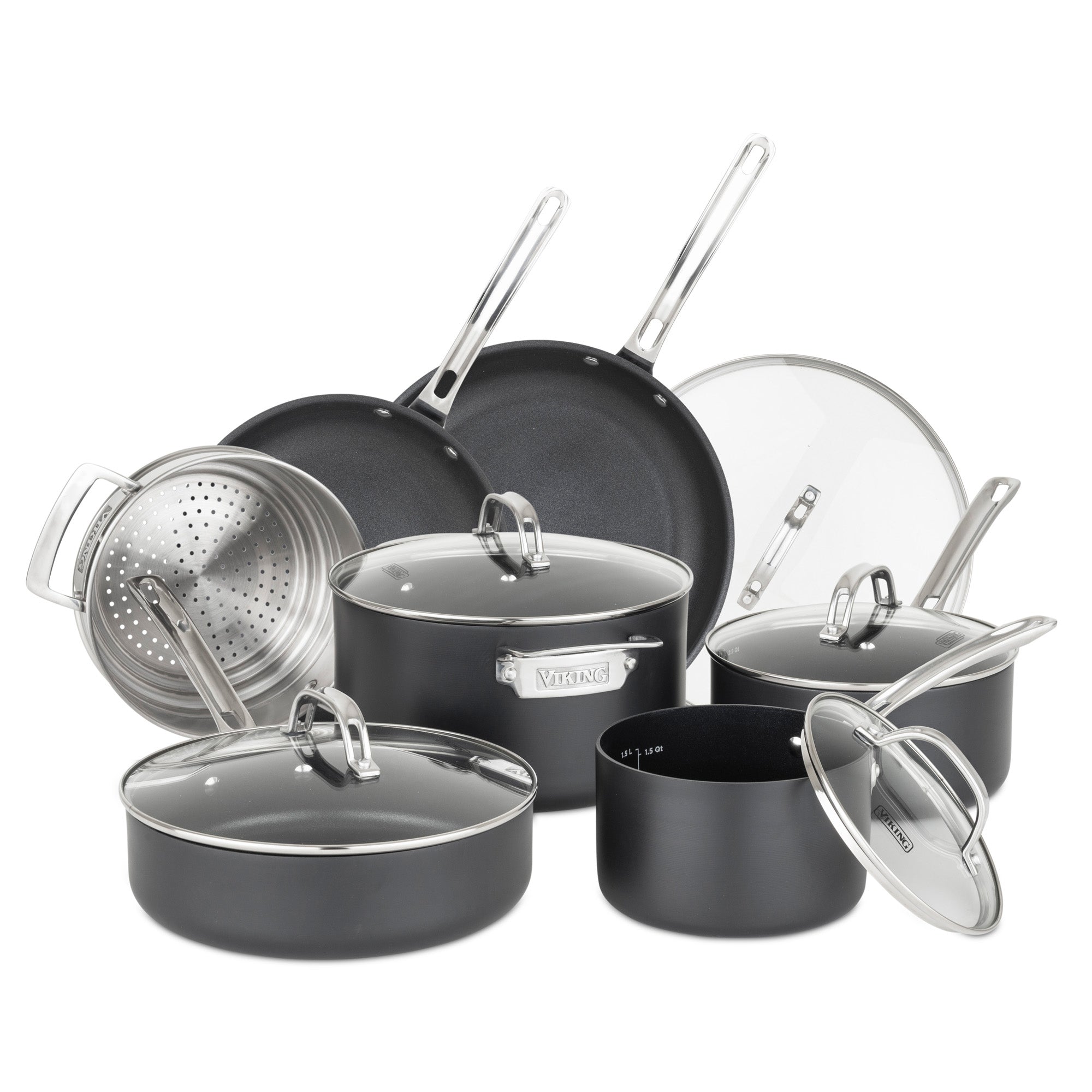 The Viking Hard Anodized Ceramic Nonstick 12pc Cookware Set by Viking Culinary Products includes frying pans, saucepans, a stockpot, lids, and metal steamer insert with metal handles—all PFAS free and shown on a white background.