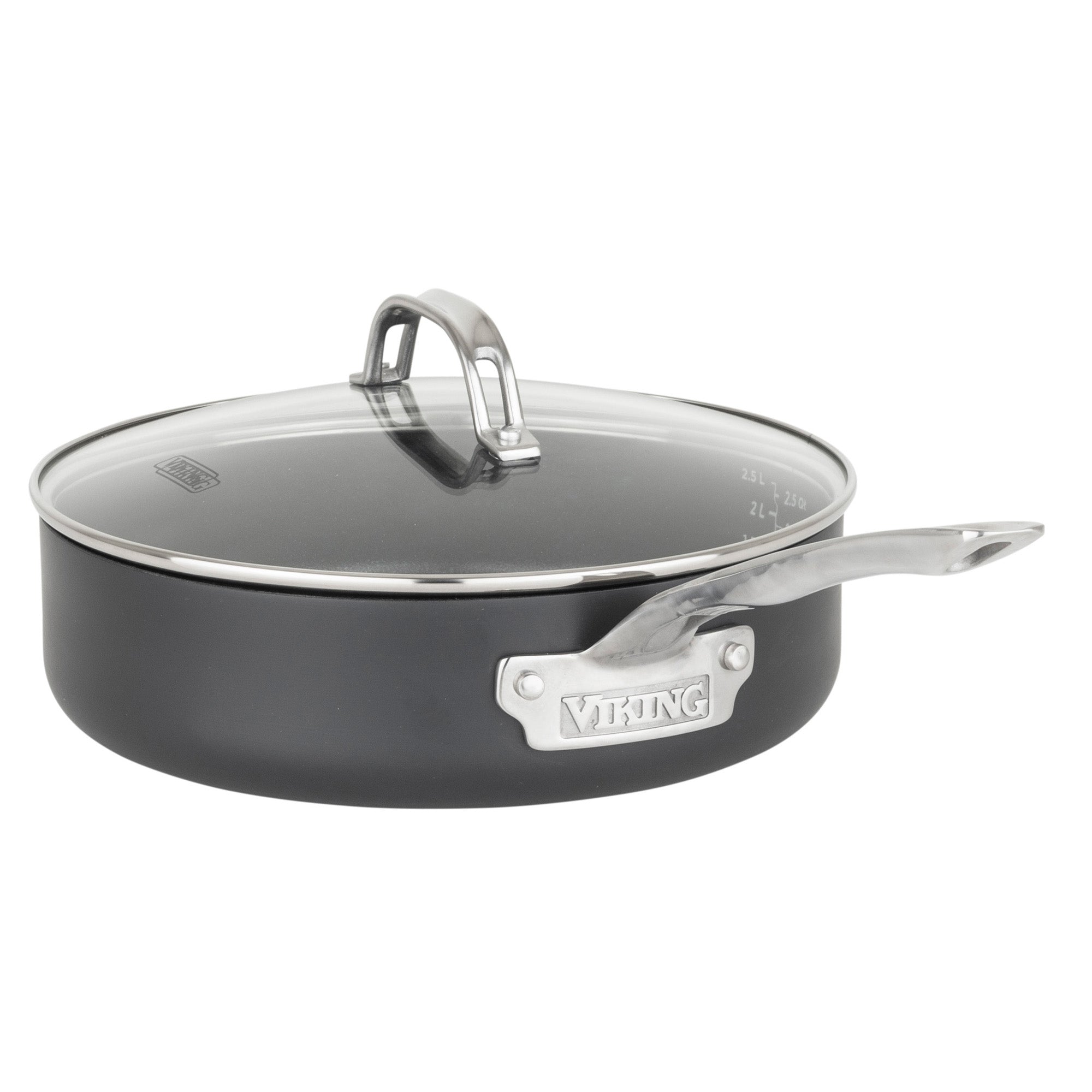 A black, PFAS-free Viking Culinary Products sauté pan from the Hard Anodized Ceramic Nonstick 12pc Cookware Set features a glass lid, metal handle, and logo plate, displayed on a white background.