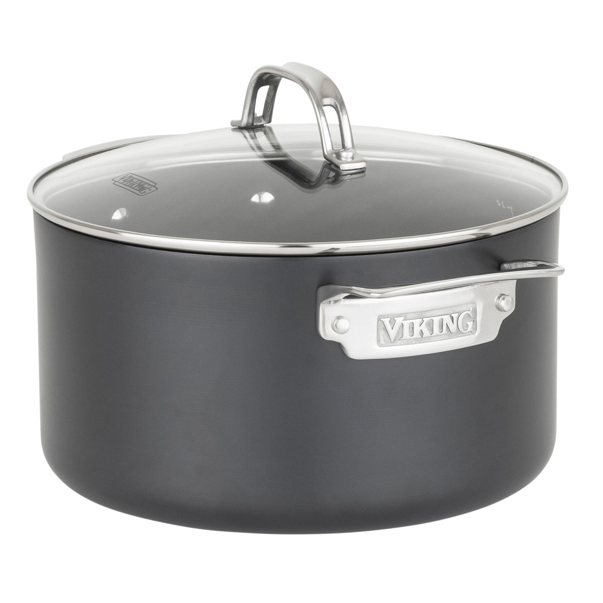 The Viking Culinary Products Hard Anodized Ceramic Nonstick 12pc Cookware Set features a large black pot with metal handles, a clear glass lid, and PFAS-free ceramic nonstick coating; Viking brand name is engraved on the handle.