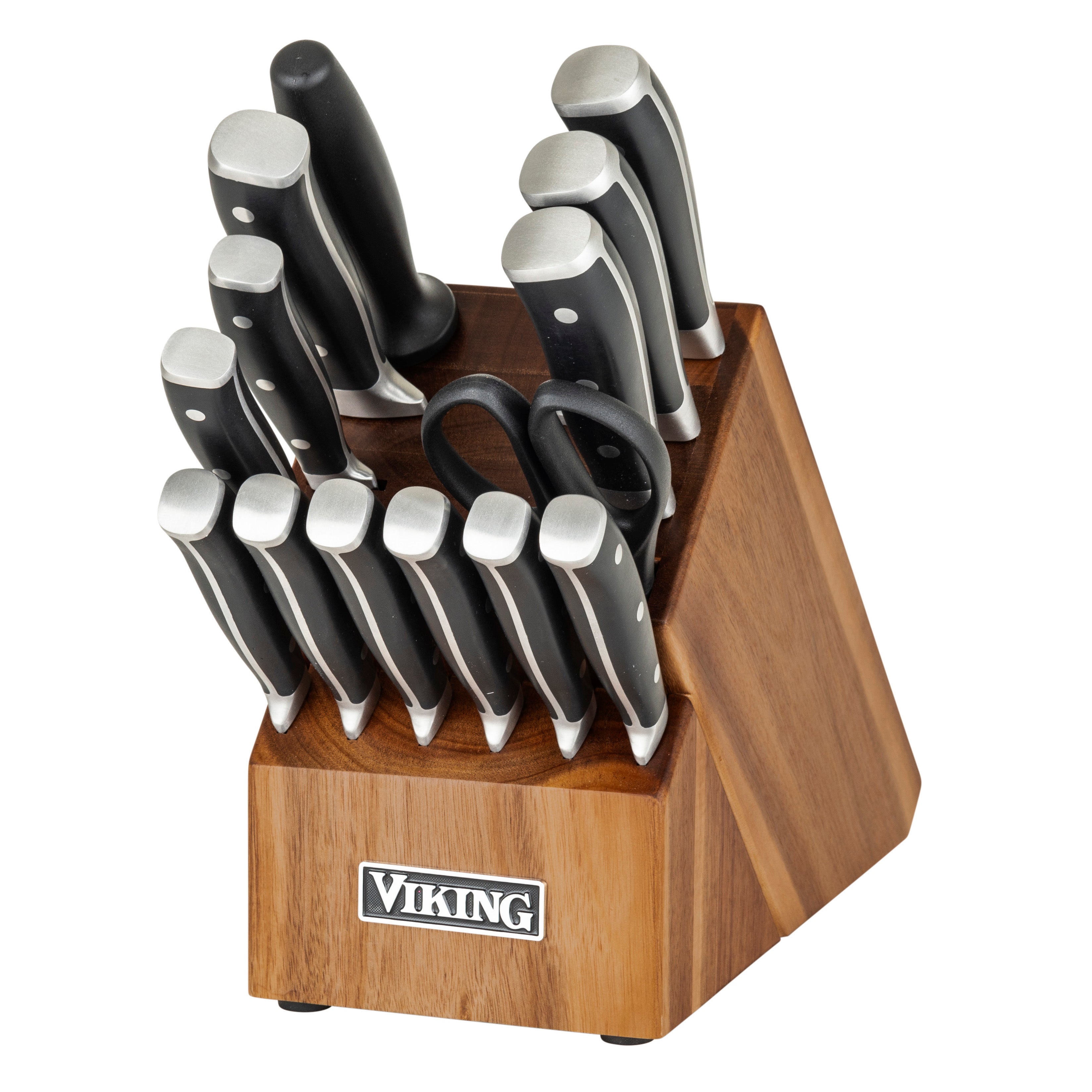 The Viking 15-Piece Stainless Steel Cutlery Set by Viking Culinary Products features black-handled knives, a chef's knife, steak knives, kitchen shears, and a sharpening rod in an acacia wood block.