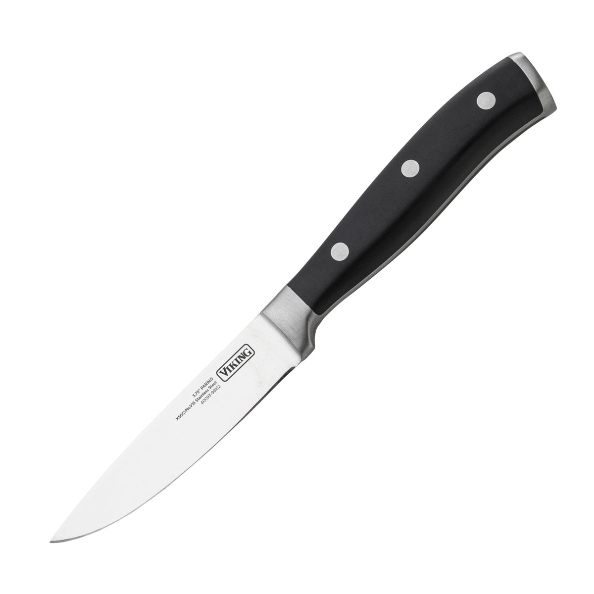The Viking 15-Piece Stainless Steel Cutlery Set with Acacia Wood Block by Viking Culinary Products features sharp blades and black handles with three rivets, making it an ideal, stylish addition to any kitchen knife set, shown on a white background.