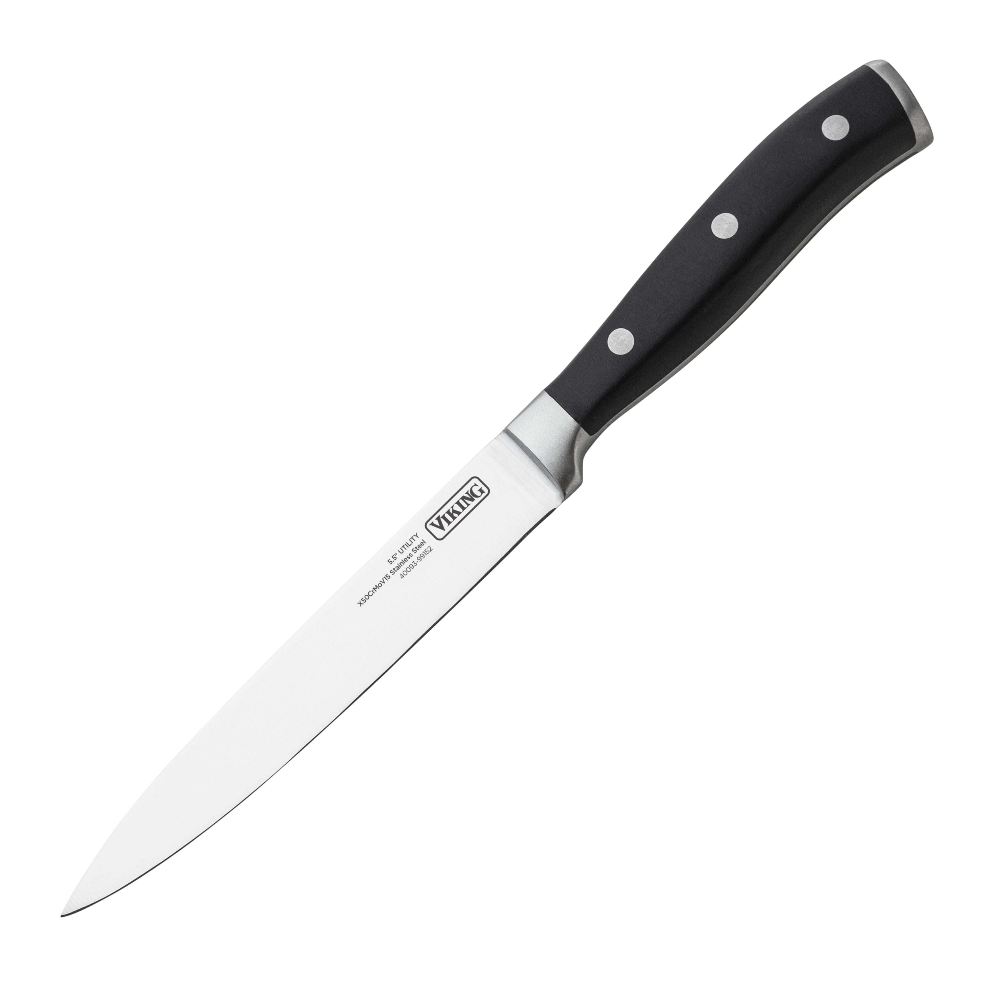 The Viking 15-Piece Stainless Steel Cutlery Set by Viking Culinary Products features chef's knives with black handles and silver rivets, shown on a white background—an essential for any premium kitchen.