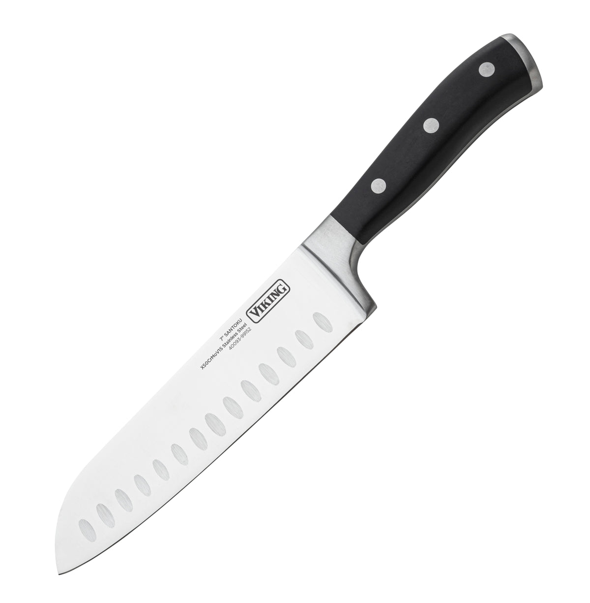 The Viking Culinary Products 15-Piece Stainless Steel Cutlery Set includes chef’s knives with black handles, three silver rivets, and oval-indented blades for easy slicing—an ideal upgrade for any kitchen with its acacia wood block.