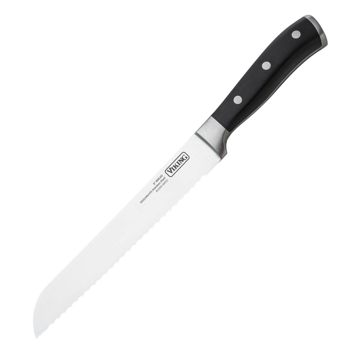 A serrated bread knife with a black handle and three metal rivets, from the Viking 15-Piece Stainless Steel Cutlery Set by Viking Culinary Products, features a silver blade with the brand logo, shown on a white background.
