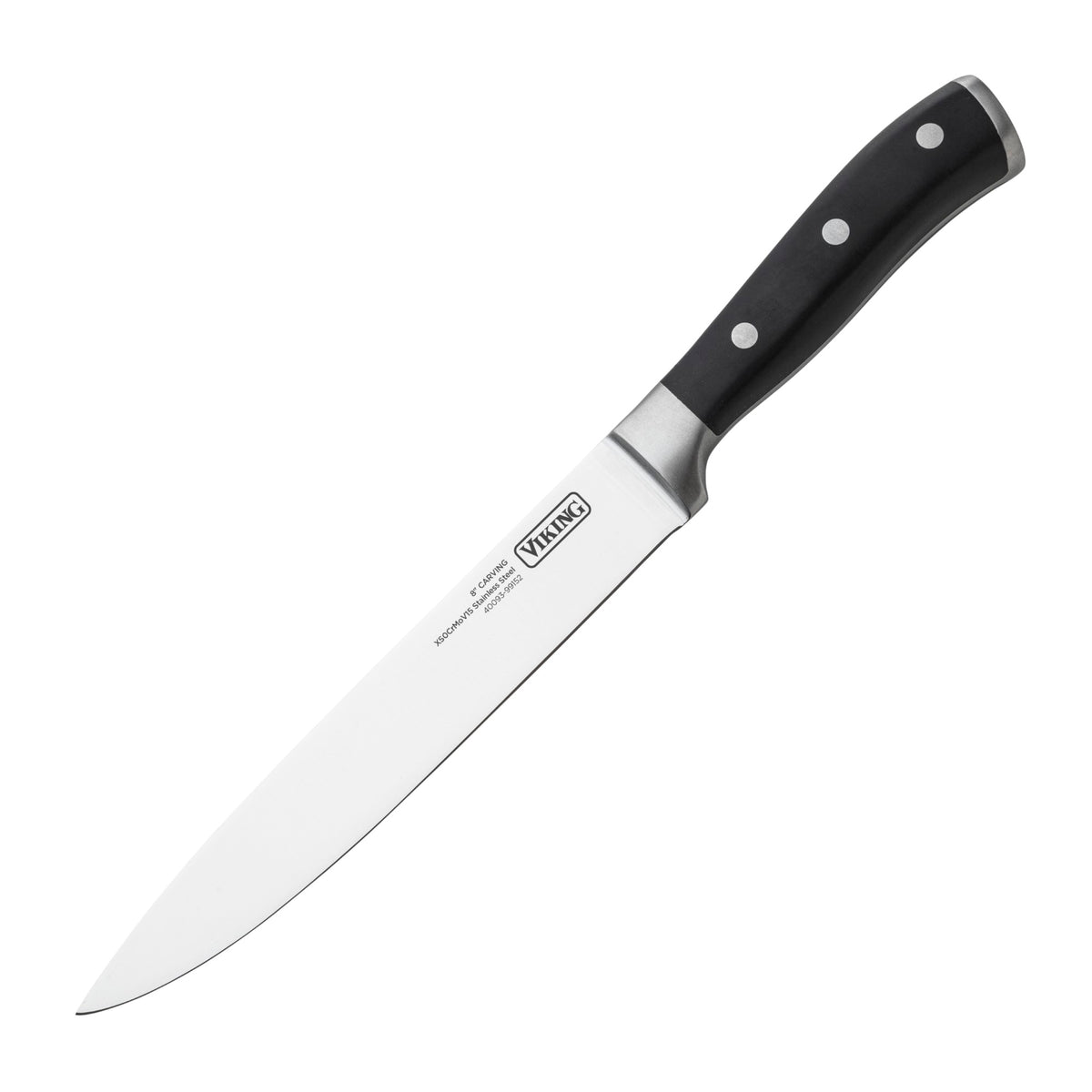 The Viking 15-Piece Stainless Steel Cutlery Set by Viking Culinary Products features sharp blades and black handles with three metal rivets, making it a perfect addition to any kitchen, presented on a white background with an acacia wood block.