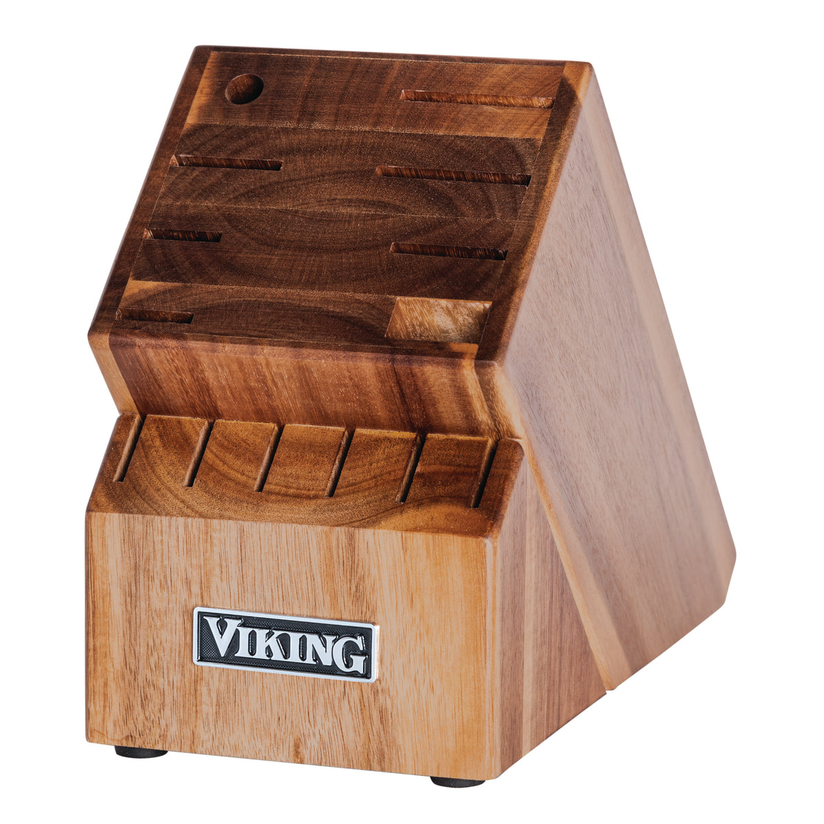 The Viking 15-Piece Stainless Steel Cutlery Set from Viking Culinary Products includes an acacia wood block with slots for knives, a Viking logo on the front, an angled design, and small black feet.