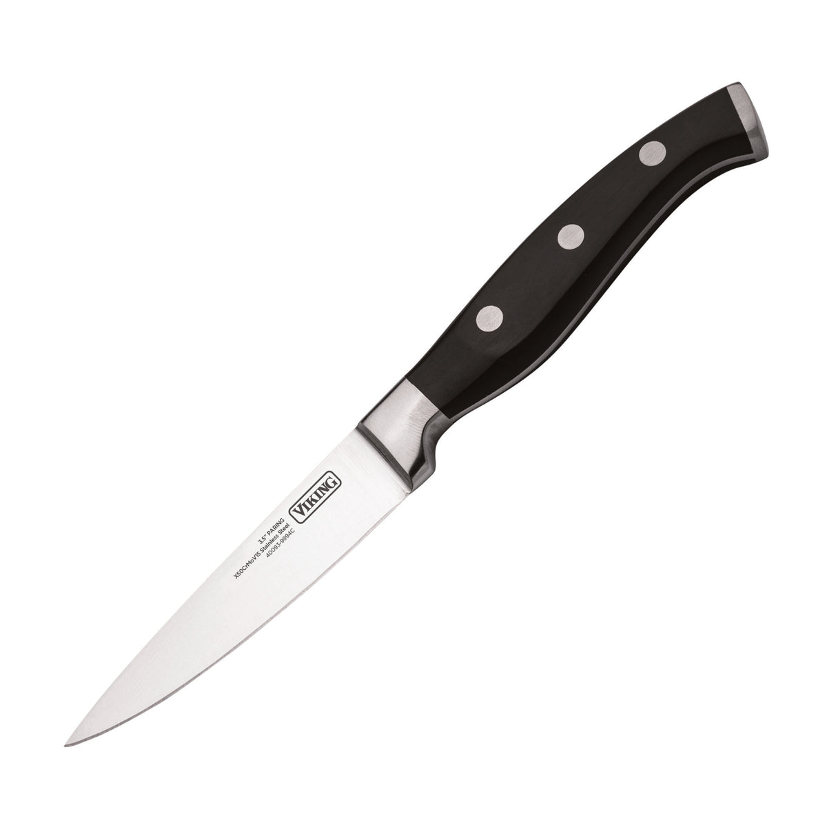 The Viking 14-Piece X50CrMoV15 Steel Cutlery Set by Viking Culinary Products includes a precision-crafted paring knife with a sharp, pointed blade and a black triple-riveted handle for professional performance.