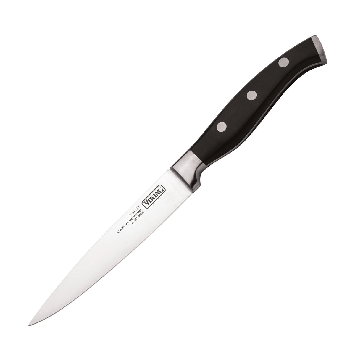 The Viking 14-Piece X50CrMoV15 Steel Cutlery Set by Viking Culinary Products features chef knives with sharp stainless steel blades and black handles with three metal rivets, displayed against a white background.