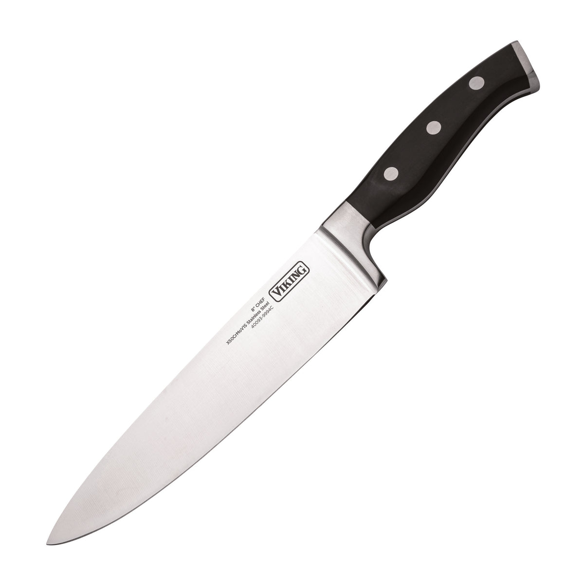 A Viking 14-Piece X50CrMoV15 Steel chef knife from Viking Culinary Products, with a black triple-riveted handle, is shown side view on a white background. Viking and other engravings highlight this forged knife’s quality.
