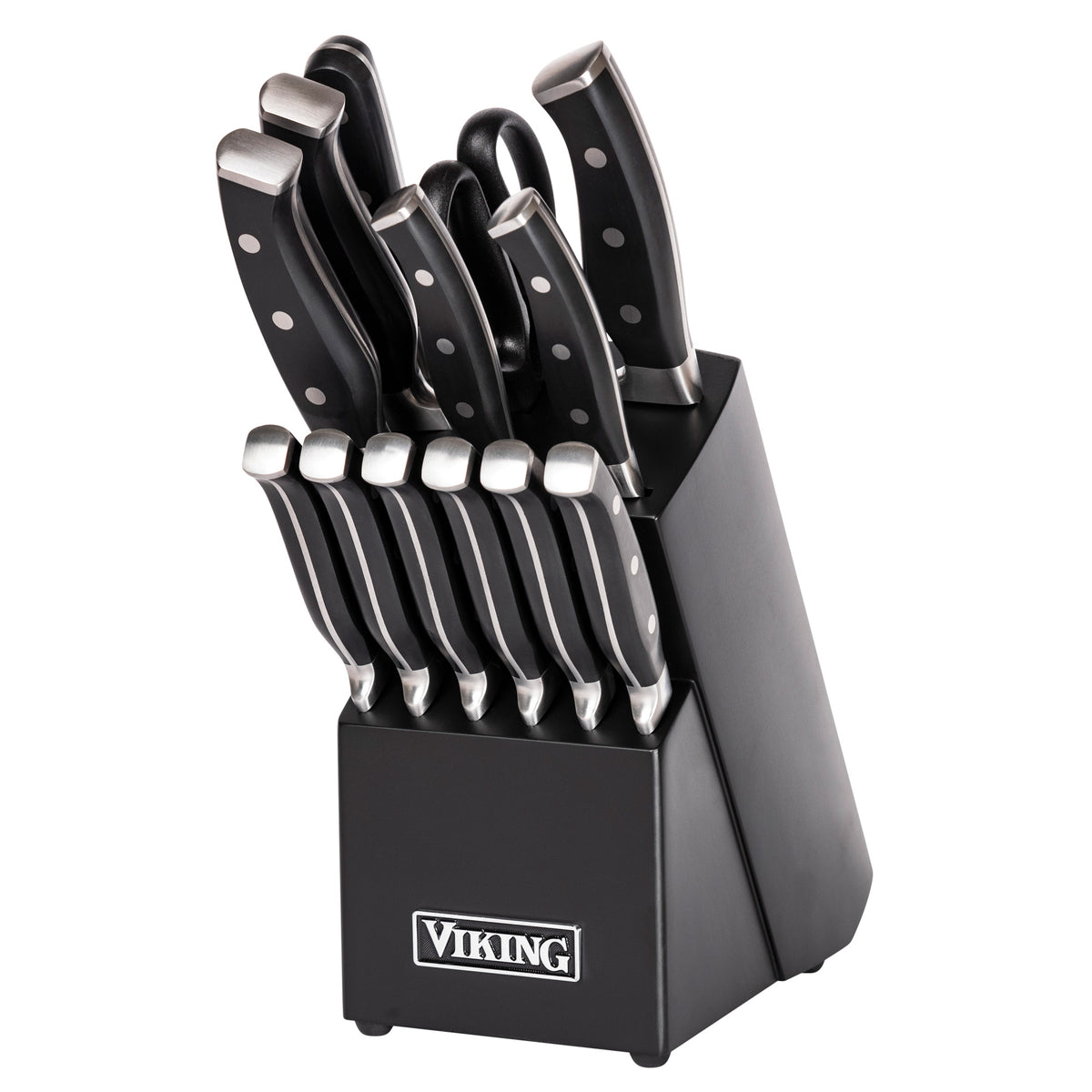 The Viking Culinary Products 14-Piece X50CrMoV15 Steel Cutlery Set includes forged stainless steel knives and scissors with black handles, arranged in a sleek black block for a stylish kitchen display.