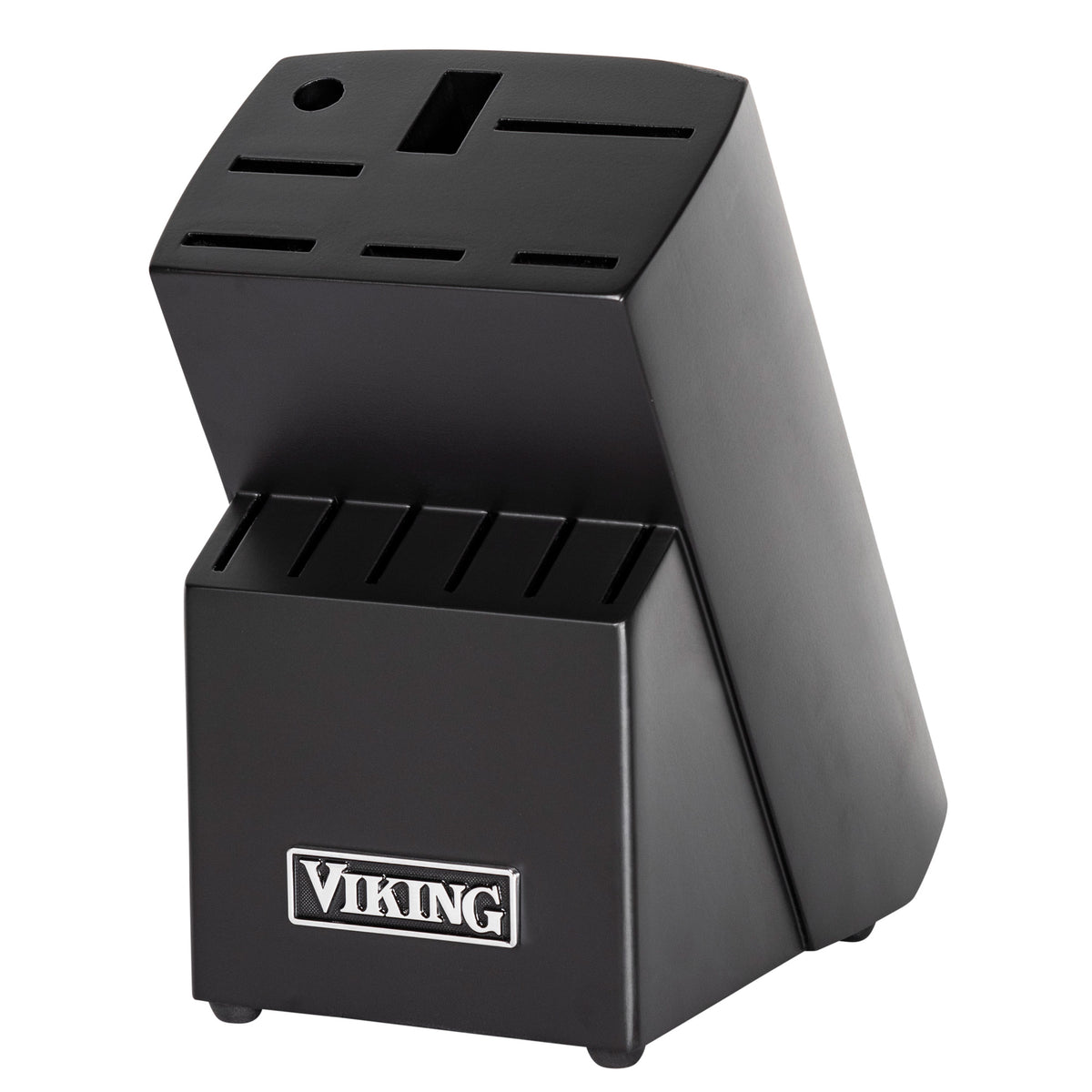 The Viking 14-Piece X50CrMoV15 Steel Cutlery Set by Viking Culinary Products comes in a black angled wooden block with multiple slots and a silver logo—ideal for organizing your chef knives and stainless steel kitchen tools.