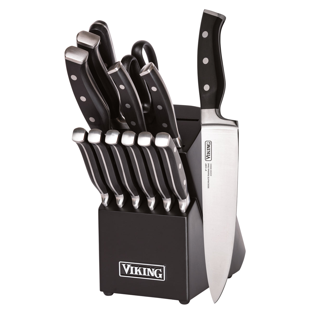 The Viking 14-Piece X50CrMoV15 Steel Cutlery Set by Viking Culinary Products includes forged stainless steel knives, a chef knife, kitchen shears, and a sharpening rod in a sleek black block.