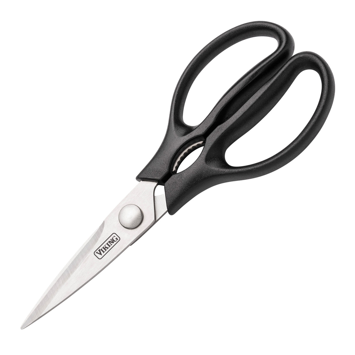 A pair of scissors with black handles, part of the Viking 14-Piece X50CrMoV15 Steel Cutlery Set from Viking Culinary Products, shown on a white background. The blades are partially open with the Viking name visible, reflecting chef-level quality.