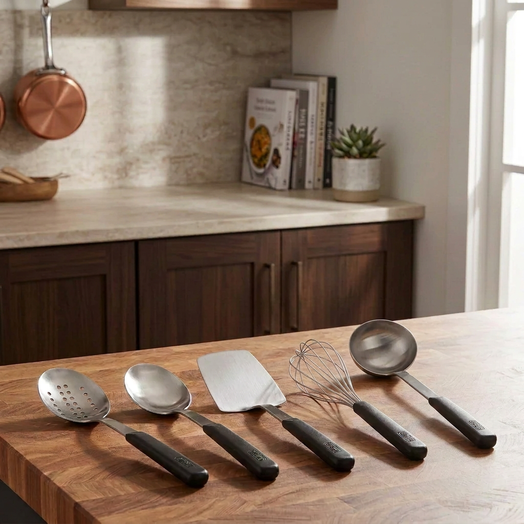 A Viking ABS Handle 5pc Tool Set with stainless steel kitchen utensils and ergonomic black handles arranged in a row on a wooden countertop, including a slotted spoon, a solid spoon, a turner, a whisk, and a ladle.