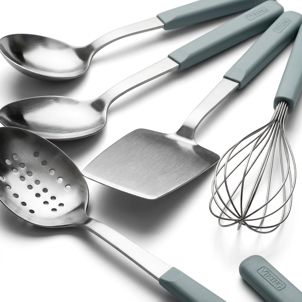 Viking ABS Handle 5pc Tool Set, November Sky, featuring five stainless steel utensils with ergonomic gray handles, including a slotted spoon, two solid spoons, a spatula, and a whisk.