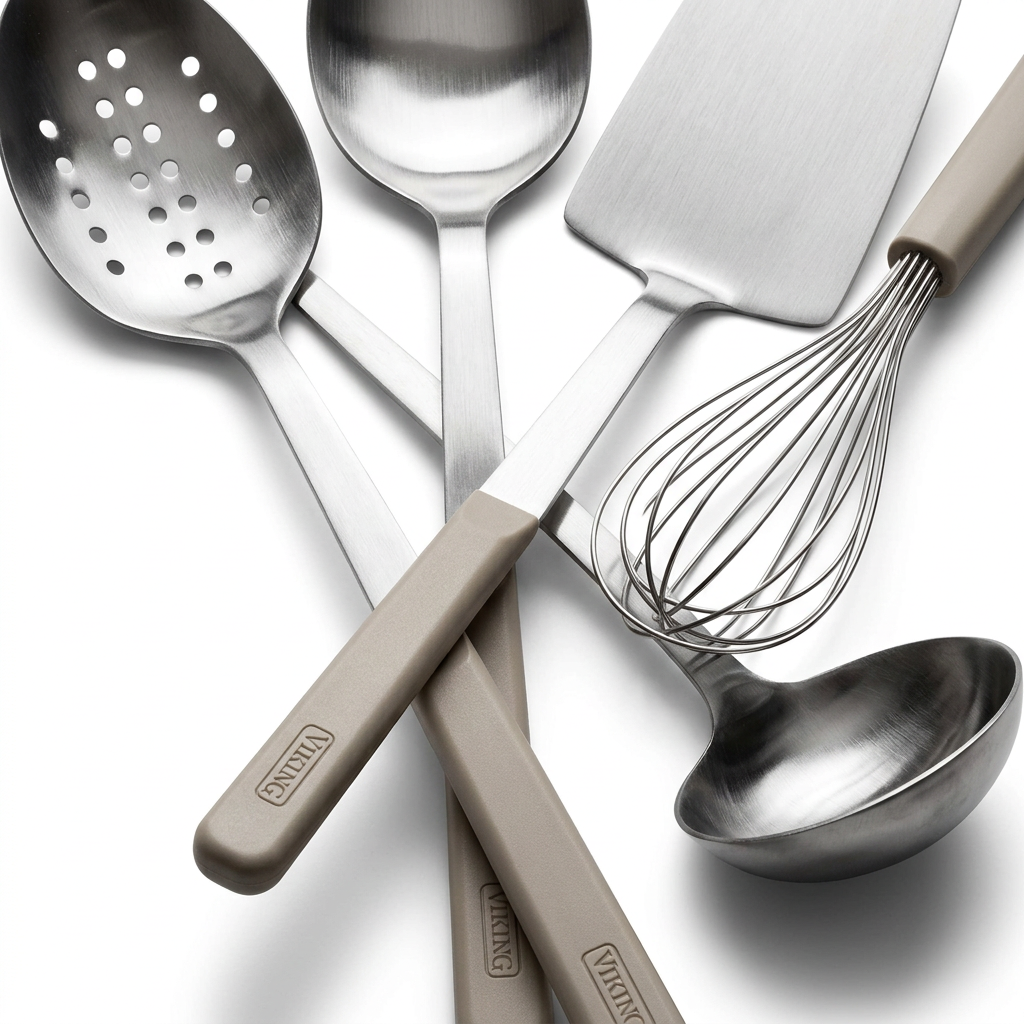 Viking ABS Handle 5pc Tool Set, Nantucket: a stainless steel utensil set of five kitchen tools featuring taupe handles, including a slotted spoon, solid spoon, turner, wire whisk, and ladle.