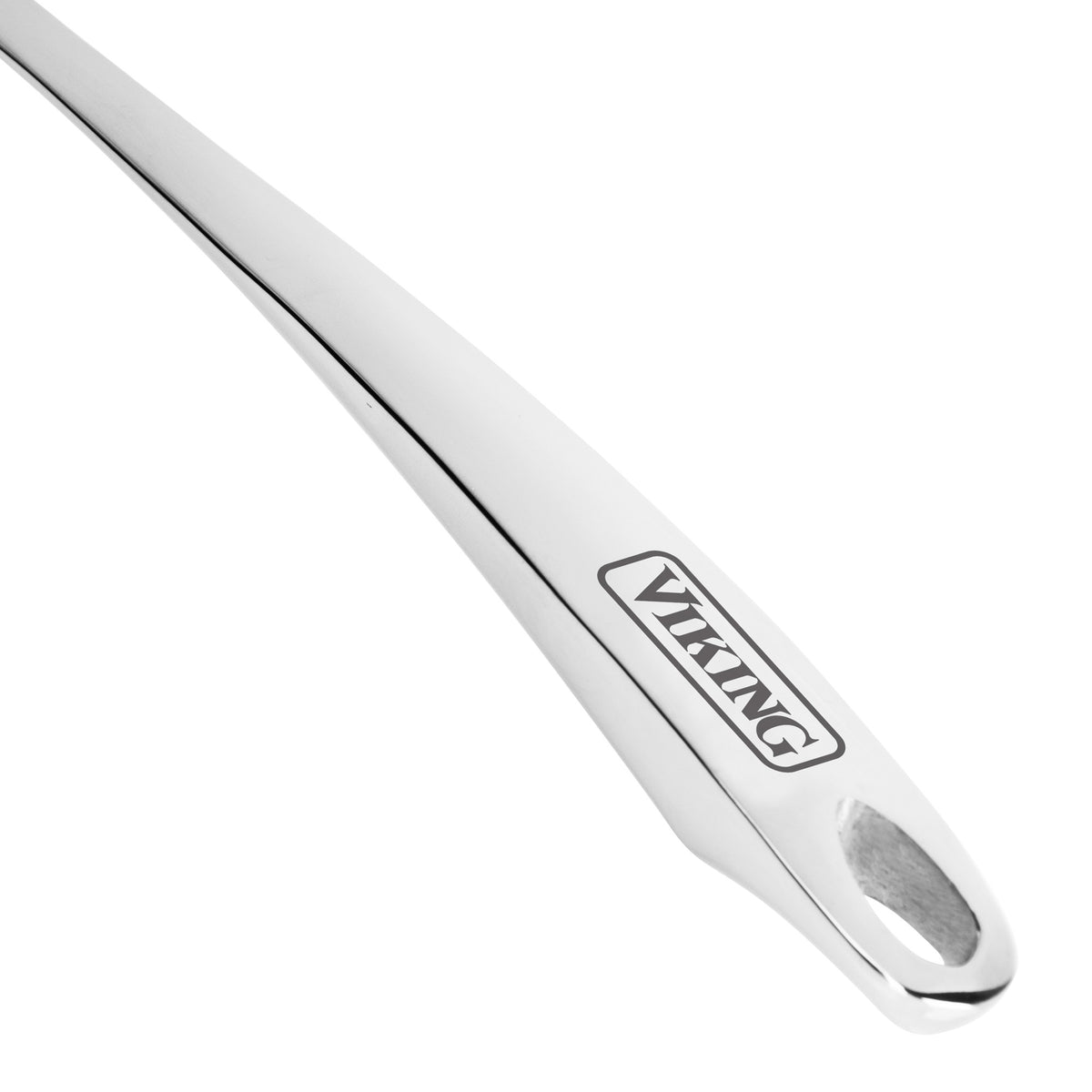 Close-up of a shiny, dishwasher-safe handle from the Viking Hollow Forged Stainless Steel 6-Piece Tool Set by Viking Culinary Products, featuring the brand engraved near an oval hole at the end.