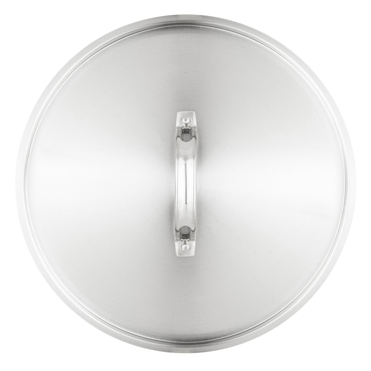Top-down view of a circular Viking Culinary Products Stainless Steel Lid - Fits 18cm Interior Diameter Pan with a central arched handle.