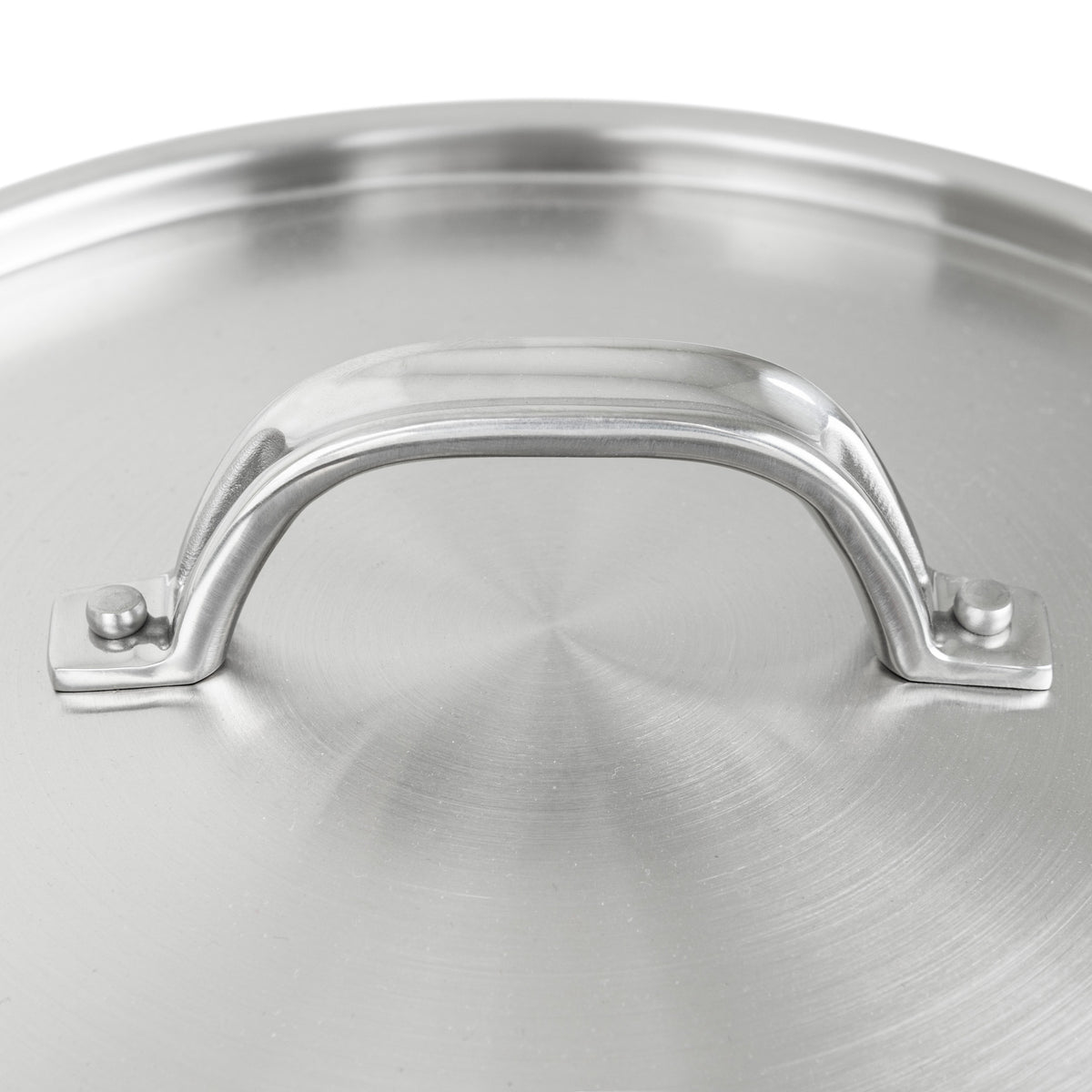 Close-up of a Viking Culinary Products Stainless Steel Lid - Fits 18cm Interior Diameter Pan, featuring a circular stainless steel design with a looped metal handle centered on top.