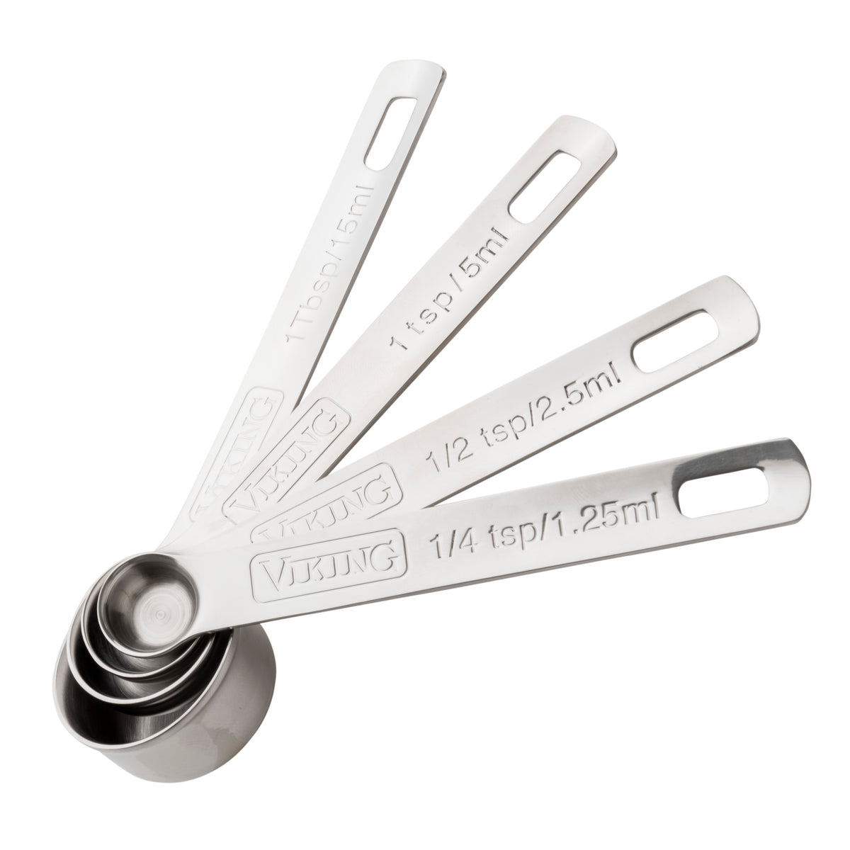 The Viking 4pc Stainless Steel Measuring Spoon Set by Viking Culinary Products includes 1 tbsp, 1 tsp, 1/2 tsp, and 1/4 tsp spoons. They nest for easy storage, have engraved metric and US measurements, and are dishwasher safe.