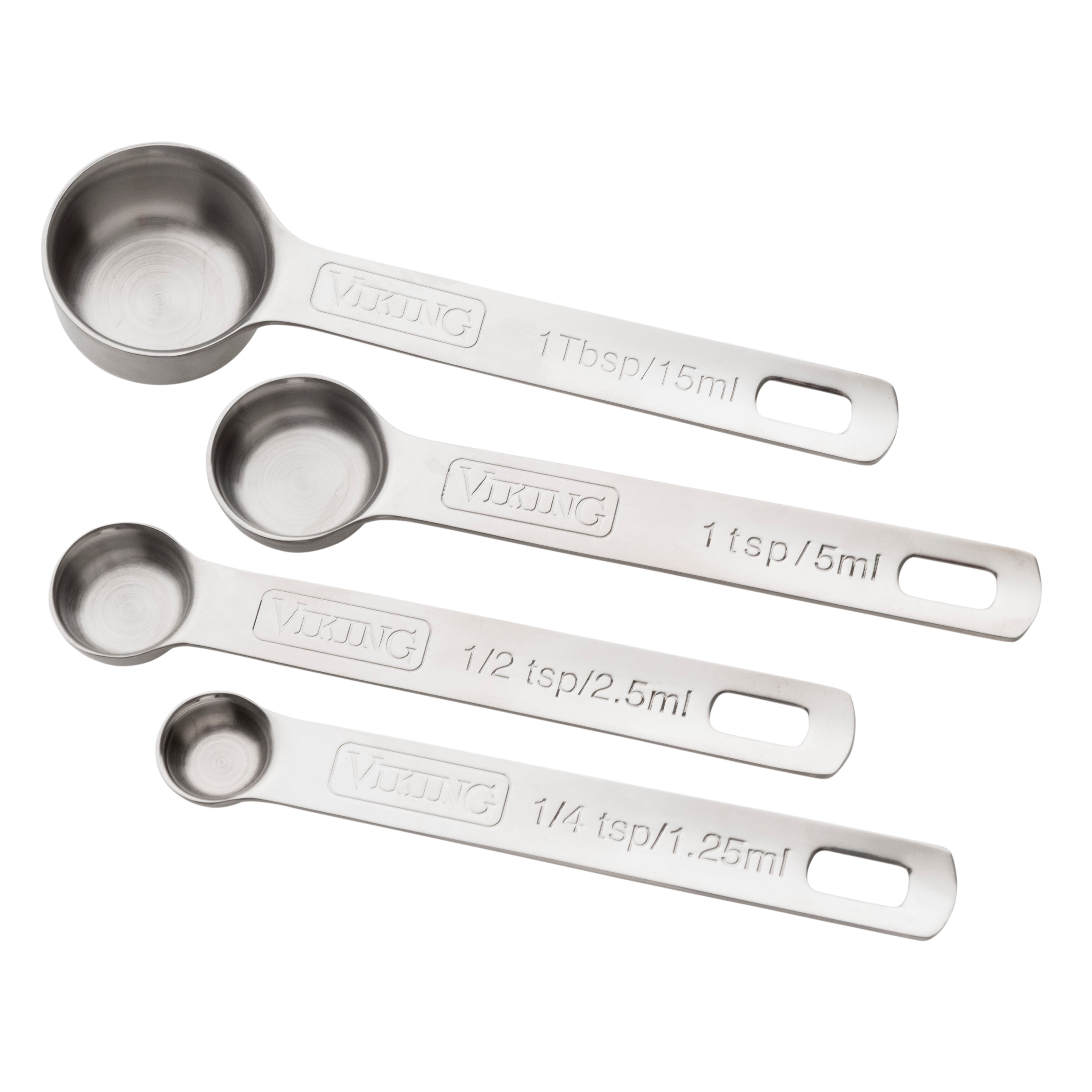 The Viking 4pc Stainless Steel Measuring Spoon Set by Viking Culinary Products includes dishwasher safe spoons (1 tbsp, 1 tsp, 1/2 tsp, 1/4 tsp) with engraved tablespoon and milliliter measures and a nesting design for easy storage.