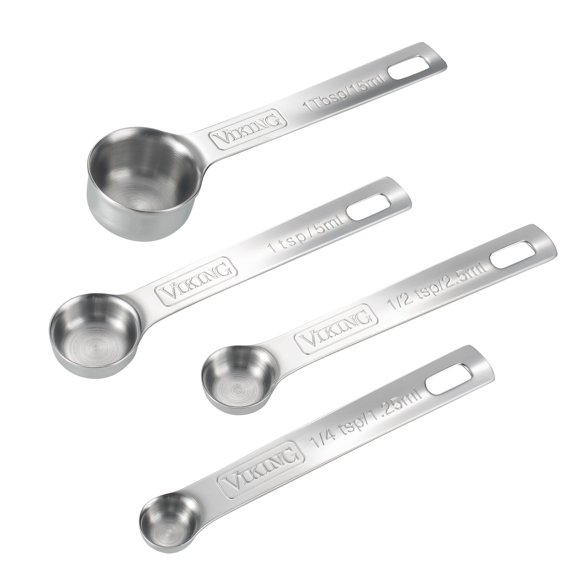The Viking Culinary Products 4-piece Stainless Steel Measuring Spoon Set features 1 tbsp, 1 tsp, 1/2 tsp, and 1/4 tsp spoons with a nesting design; dishwasher safe and shown arranged on a white background.