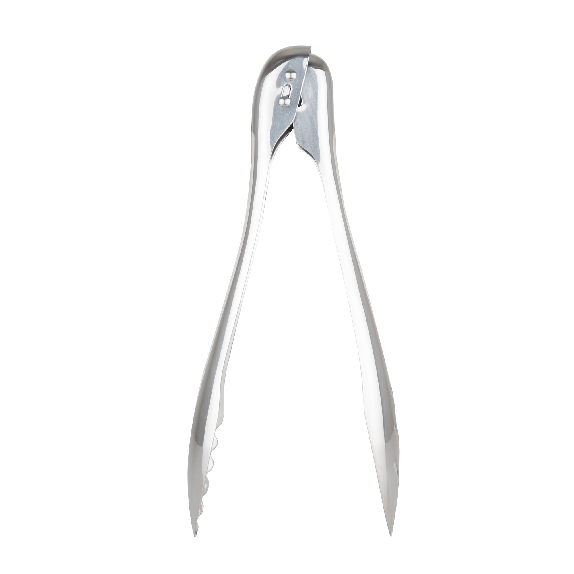 The Viking 12-inch Stainless Steel Gravity Tongs by Viking Culinary Products, featuring scalloped edges for control and one-handed use, are pictured open against a white background.