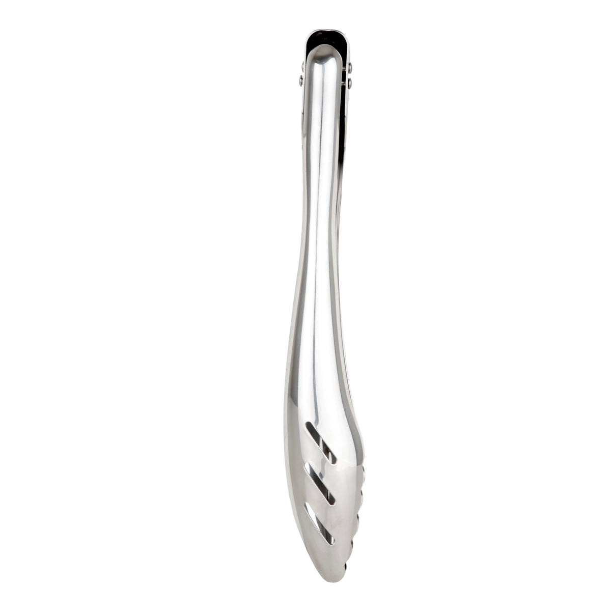 The Viking 12-inch Stainless Steel Gravity Tongs by Viking Culinary Products feature slotted ends for enhanced control and easy one-handed use, displayed from above on a white background.