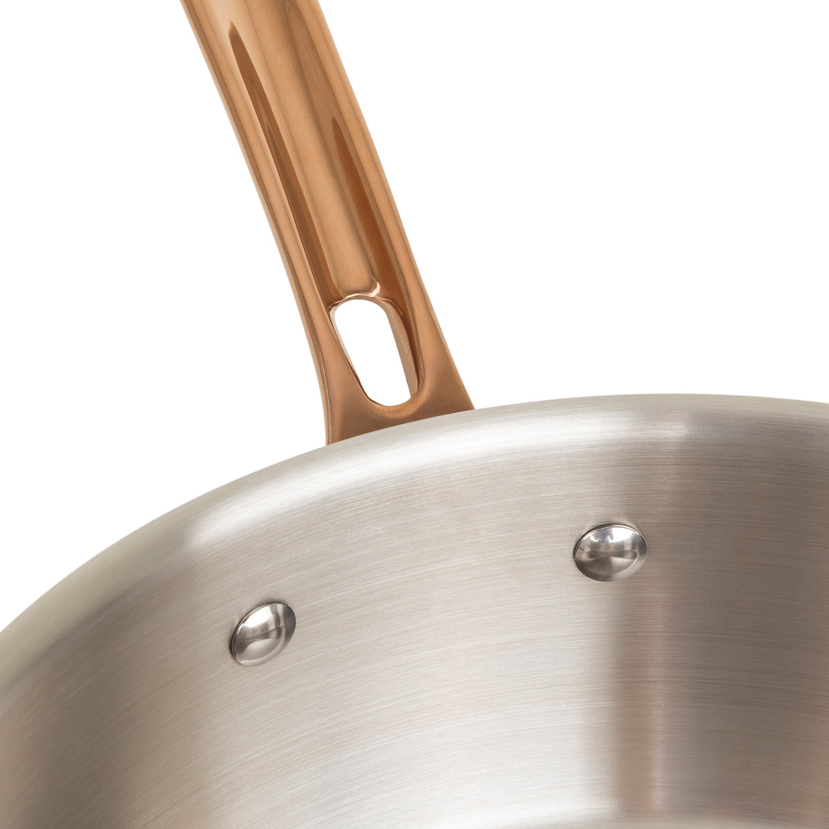 Close-up of the Viking Culinary Products Viking 10pc 3-Ply Black & Copper Stainless Steel Cookware Set: a saucepan with a polished copper riveted handle and oval cut-out, induction compatible.