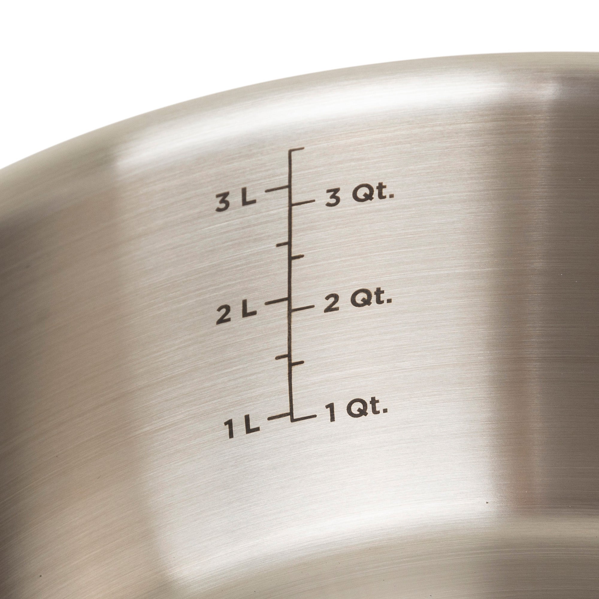 Close-up of the Viking 10pc 3-Ply Black & Copper Stainless Steel Cookware Set by Viking Culinary Products, showing vertical interior markings in liters (1L to 3L) and quarts (1 Qt. to 3 Qt.) on the PFAS-free pot's side. Induction compatible.