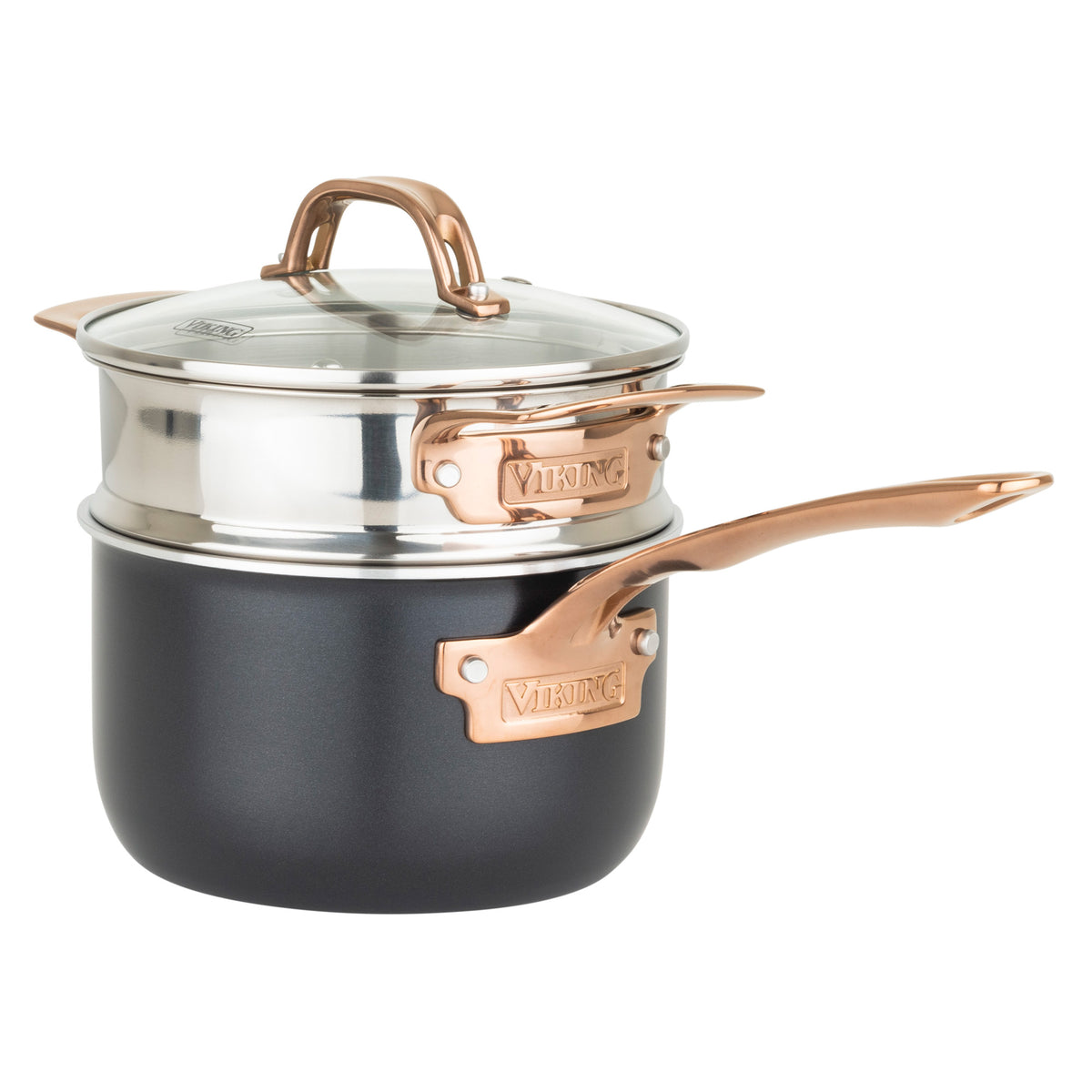 The Viking Culinary Products 3-Ply 11 Piece Black and Copper Cookware Set features stay-cool copper-colored handles, vented glass lids, and a sleek stainless steel finish, displayed on a white background.