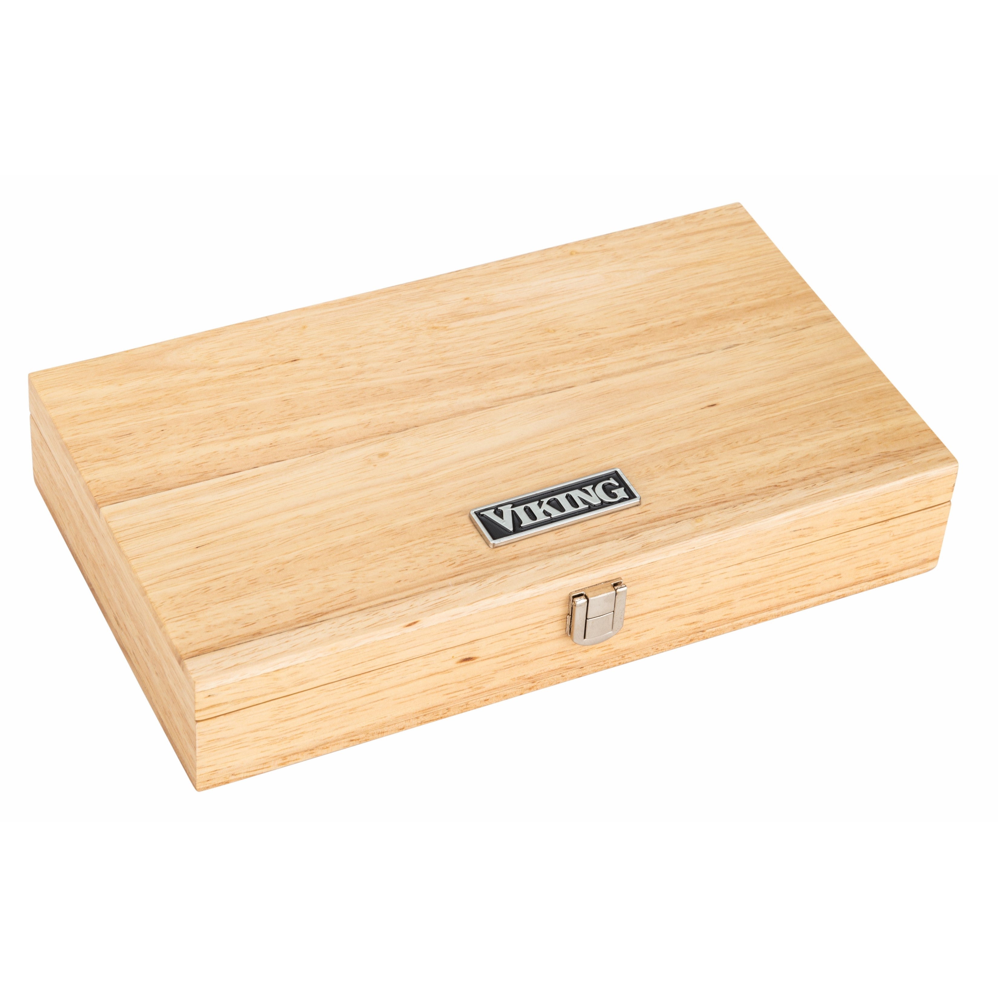 A closed, rectangular light wood box with a metal latch and a VIKING logo plate on the top center of the lid. The box has a smooth finish and is photographed on a white background.
