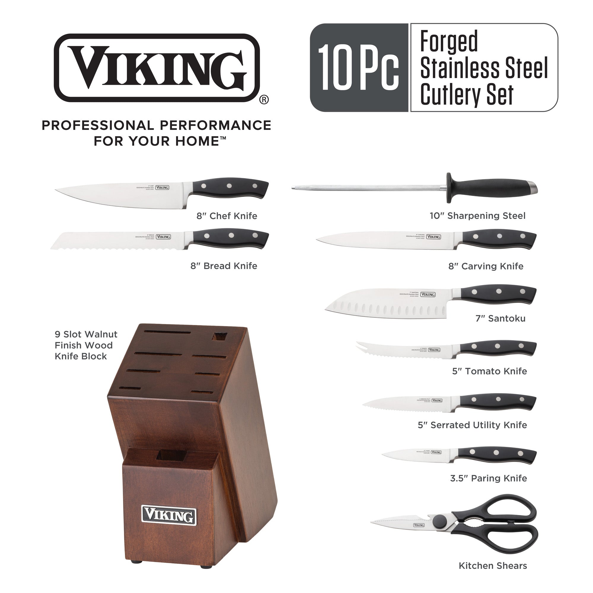 Viking Culinary Products Viking 10-Piece True Forged Cutlery Set with Block features labeled knives, a chef’s knife, sharpening steel, kitchen shears, and a 9-slot walnut finish wood block, all set against a white background.