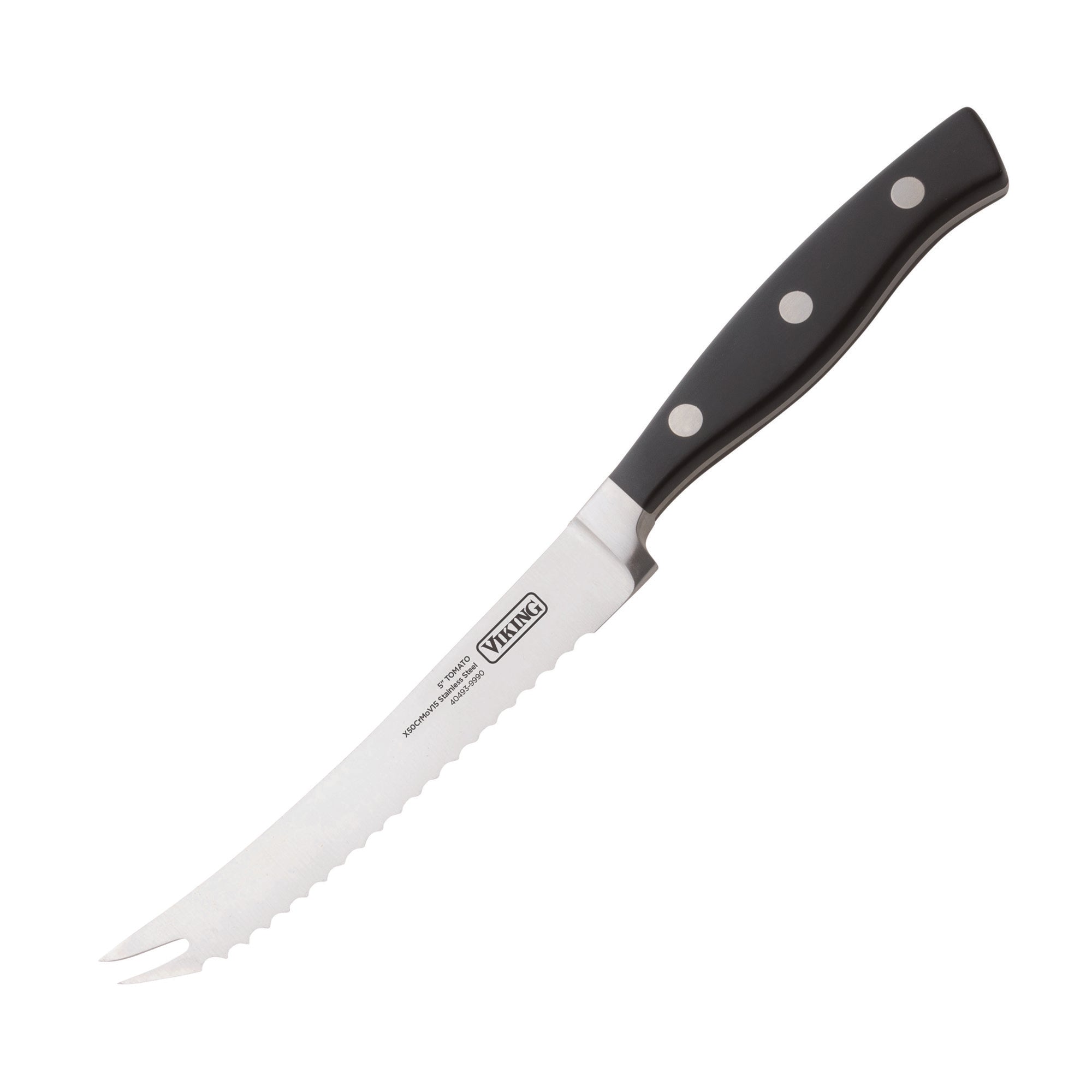 A serrated stainless steel knife from the Viking 10-Piece True Forged Cutlery Set features a black handle with three rivets, a pointed two-pronged tip, and displays the Viking Culinary Products logo and text on the blade.