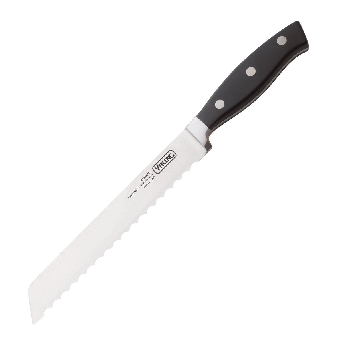 A serrated bread knife from the Viking 10-Piece True Forged Cutlery Set by Viking Culinary Products features a black handle with three rivets and a long stainless steel blade, shown angled on a white background.