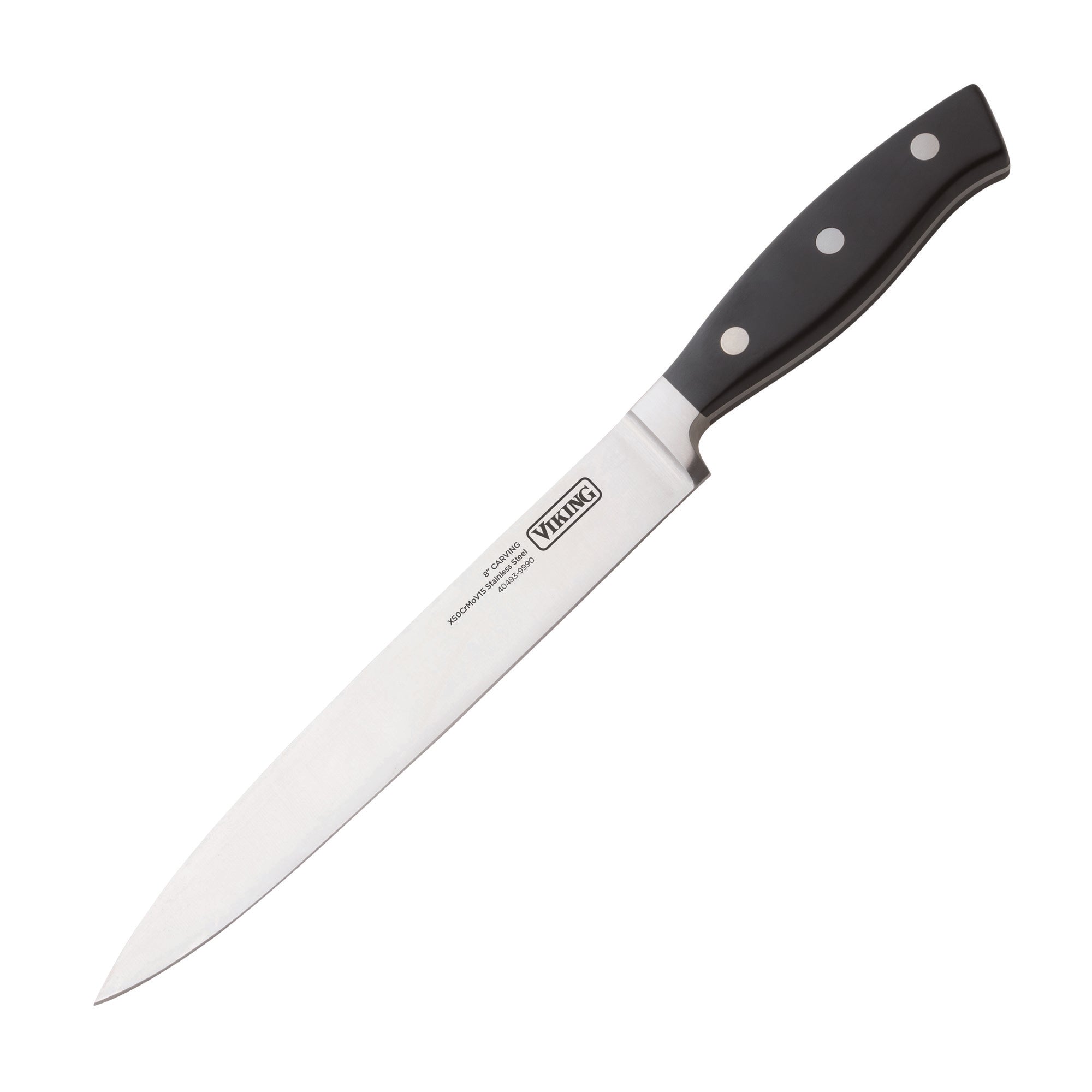 The Viking 10-Piece True Forged Cutlery Set by Viking Culinary Products is shown, featuring a stainless steel chef knife with a sharp, pointed blade and a black handle with three silver rivets against a white background.
