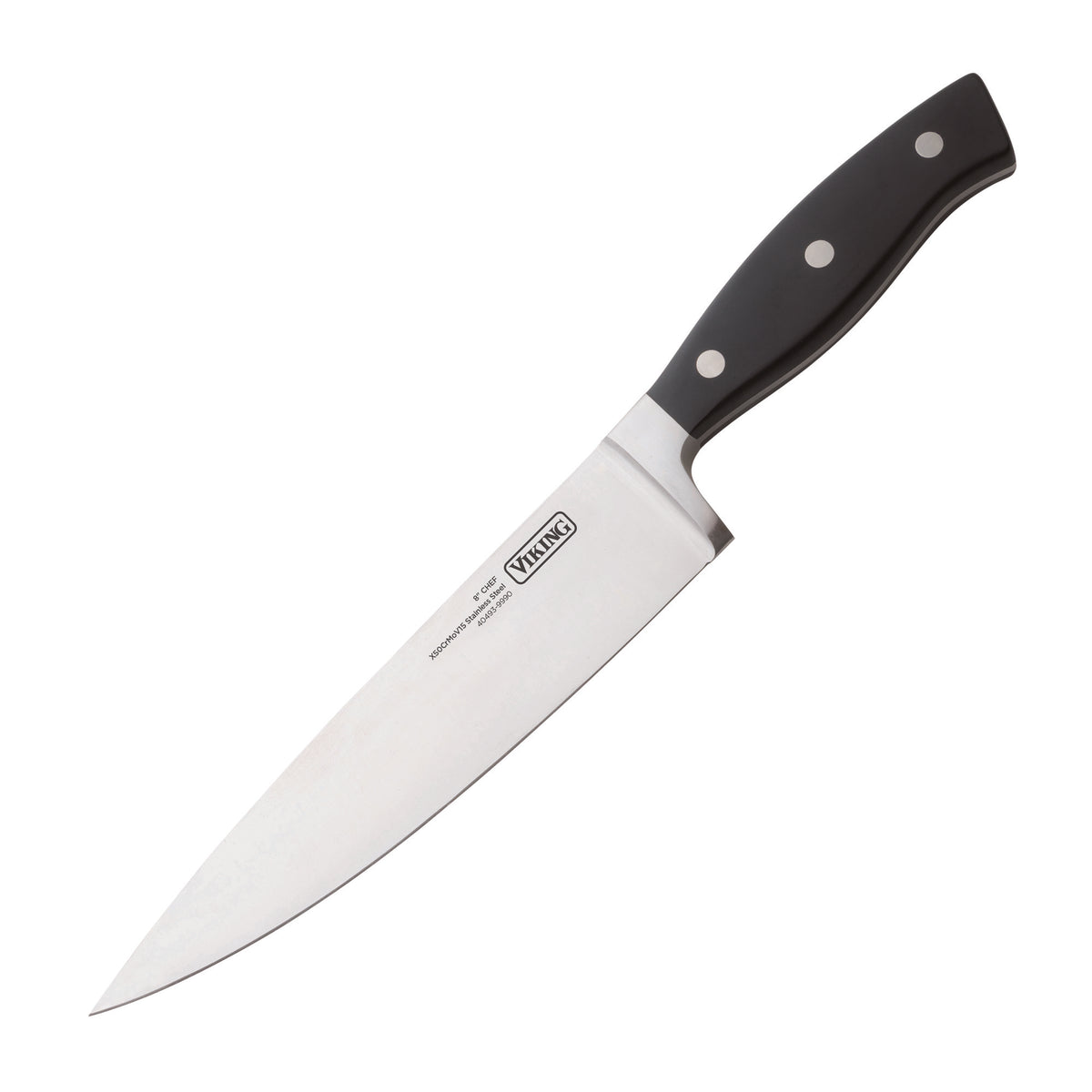 A Viking Culinary Products 10-Piece True Forged Cutlery Set chef’s knife, featuring a sharp stainless steel blade and ergonomic black handle with three rivets, is displayed against a white background.