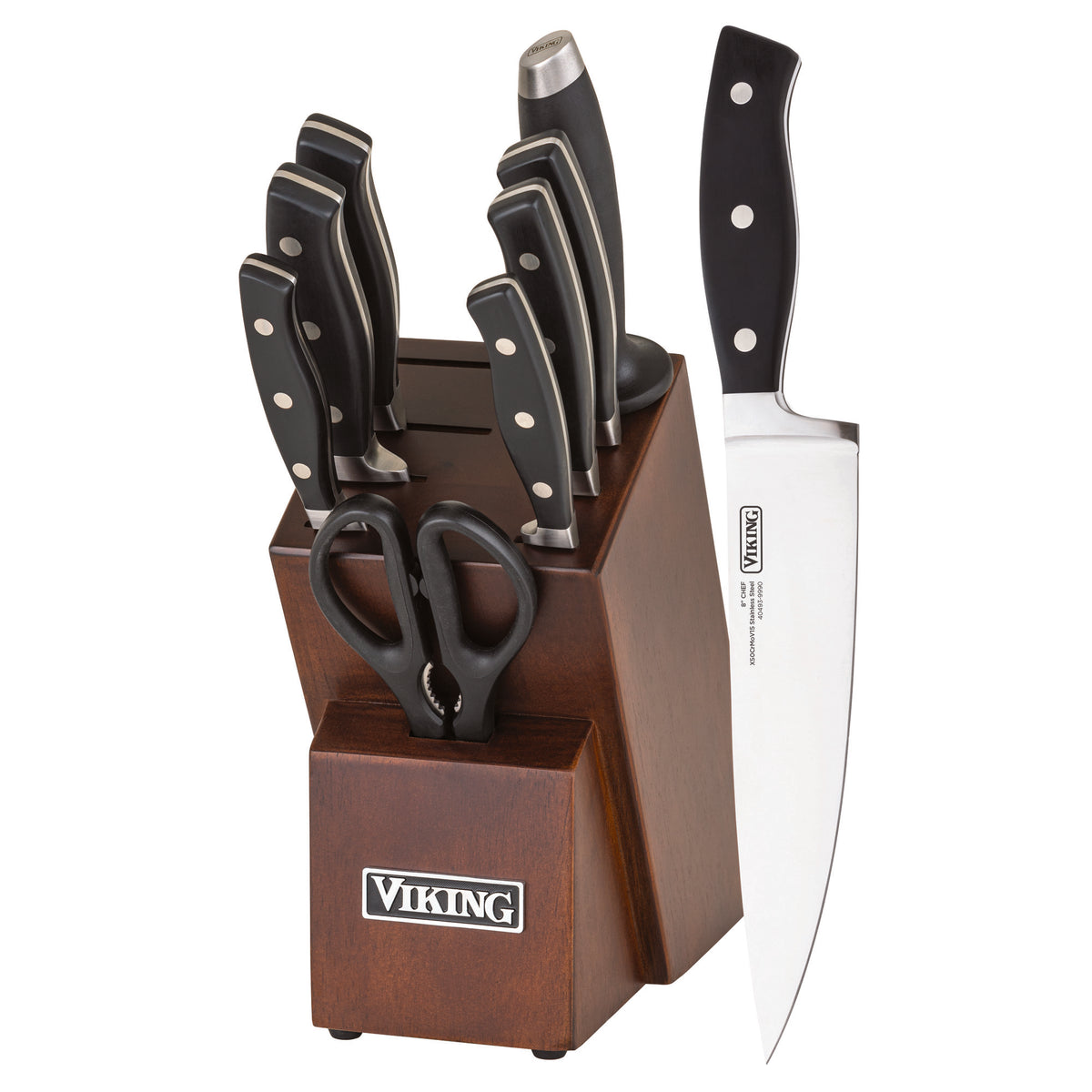 The Viking 10-Piece True Forged Cutlery Set with Block by Viking Culinary Products features a walnut-finish knife block holding black-handled stainless-steel knives, kitchen shears, a sharpening rod, and a chef’s knife displayed in front.