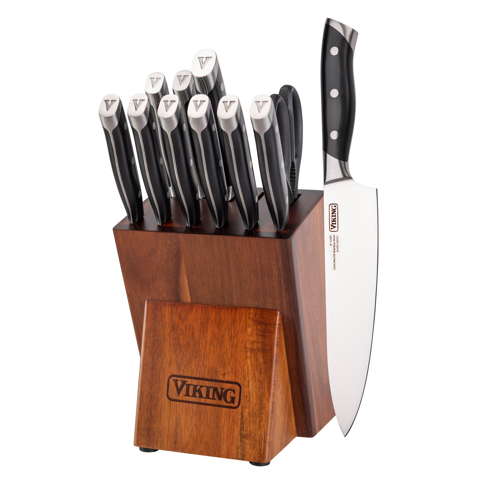 The Viking 12-Piece Stainless Steel Forged Cutlery Block Set by Viking Culinary Products features high-carbon stainless steel knives with black handles in a wooden block with the Viking logo. A large chef’s knife is displayed beside the set.