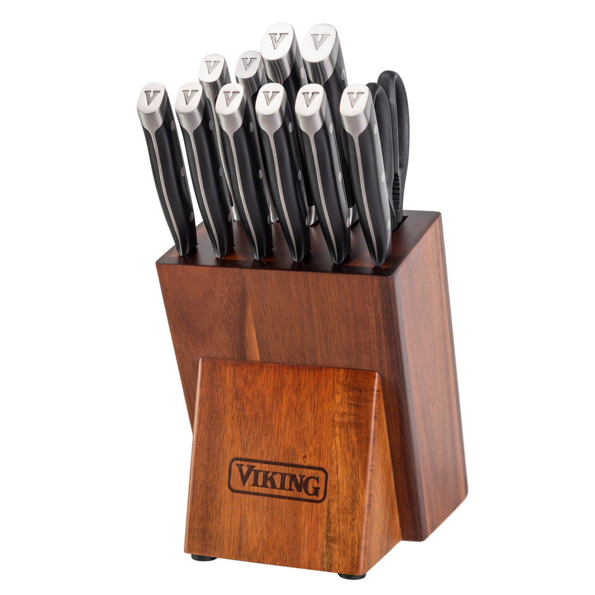 The Viking 12-Piece Stainless Steel Forged Cutlery Block Set by Viking Culinary Products features high carbon knives—including chef’s and steak knives—scissors, V-emblem handles, and a knife block branded "VIKING" on the front.